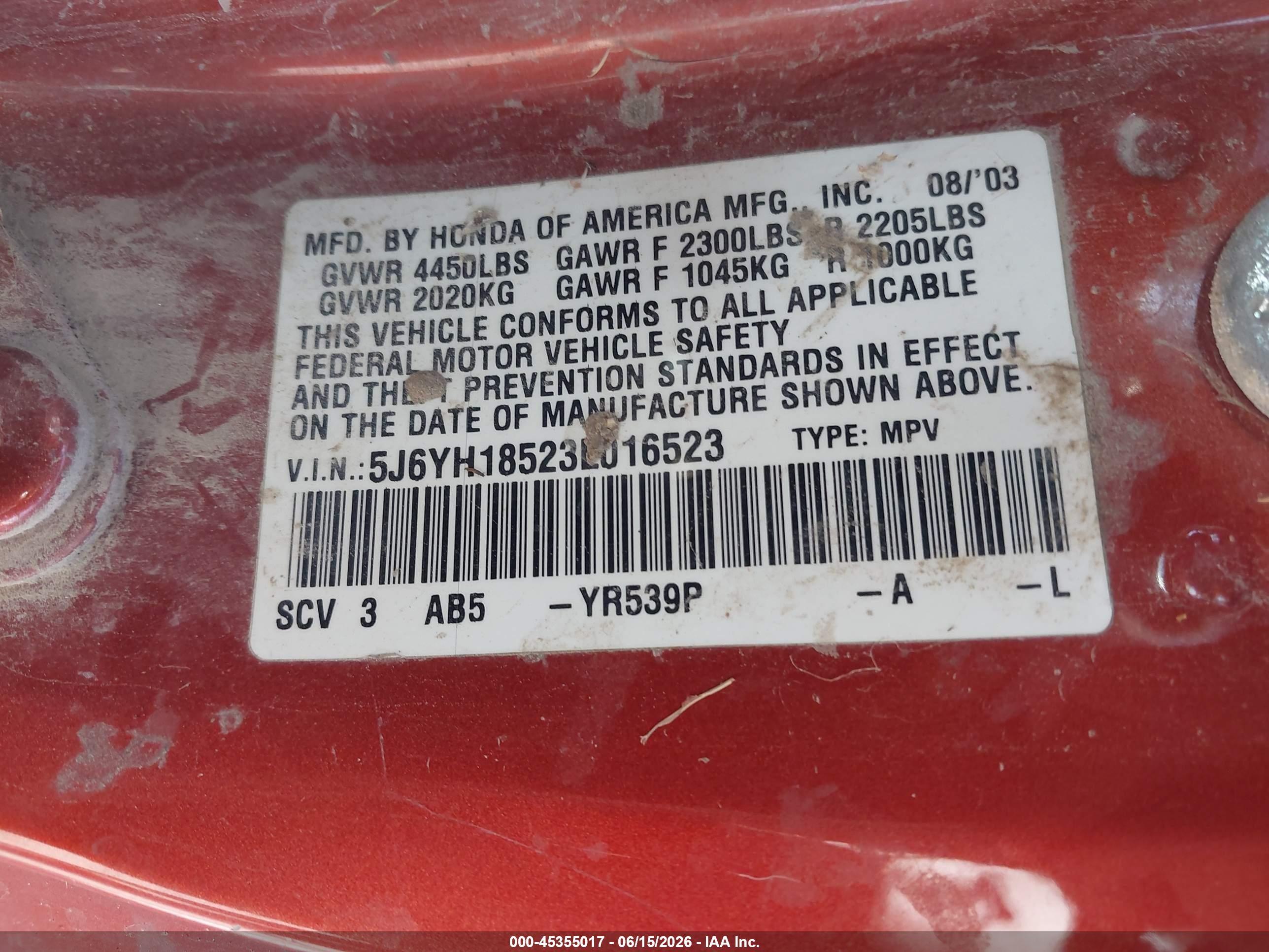 2003 Honda Element Ex Orange vin: 5J6YH18523L016523