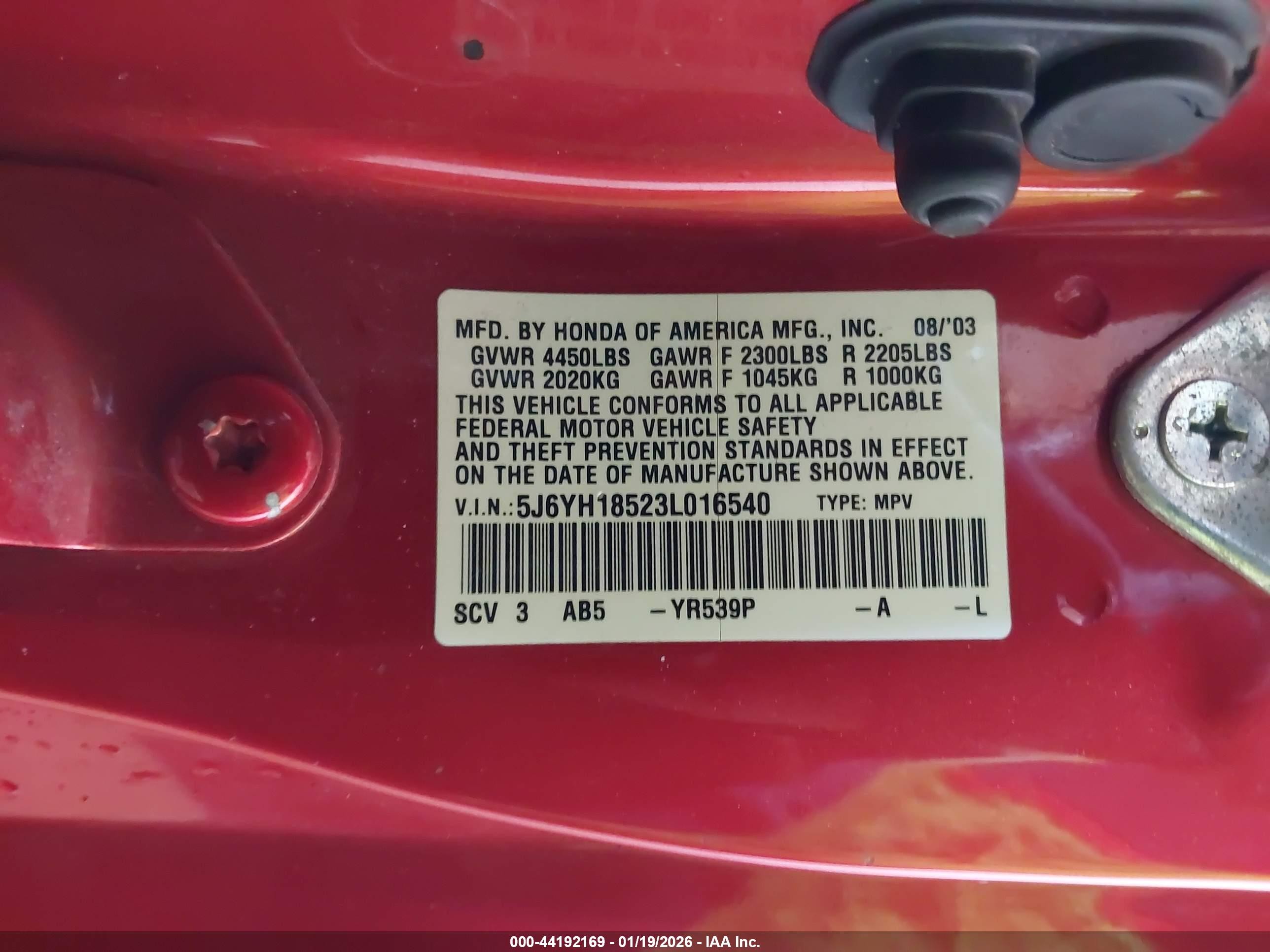 2003 Honda Element Ex Orange vin: 5J6YH18523L016540