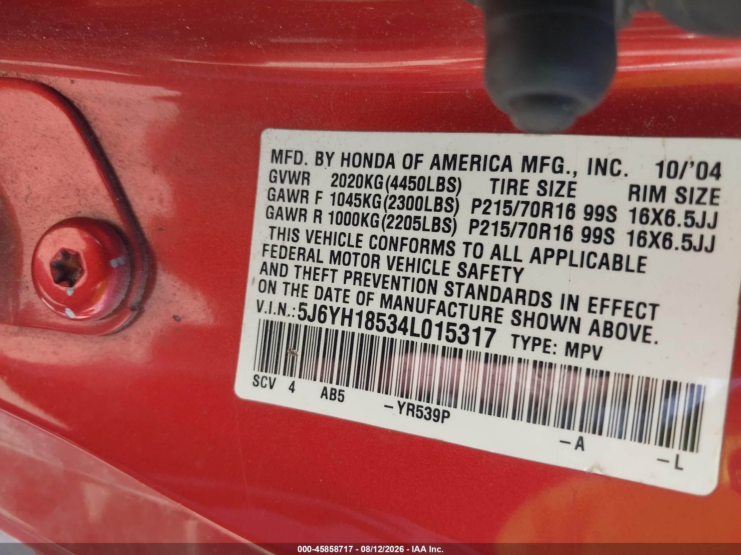 2004 Honda Element Ex Orange vin: 5J6YH18534L015317