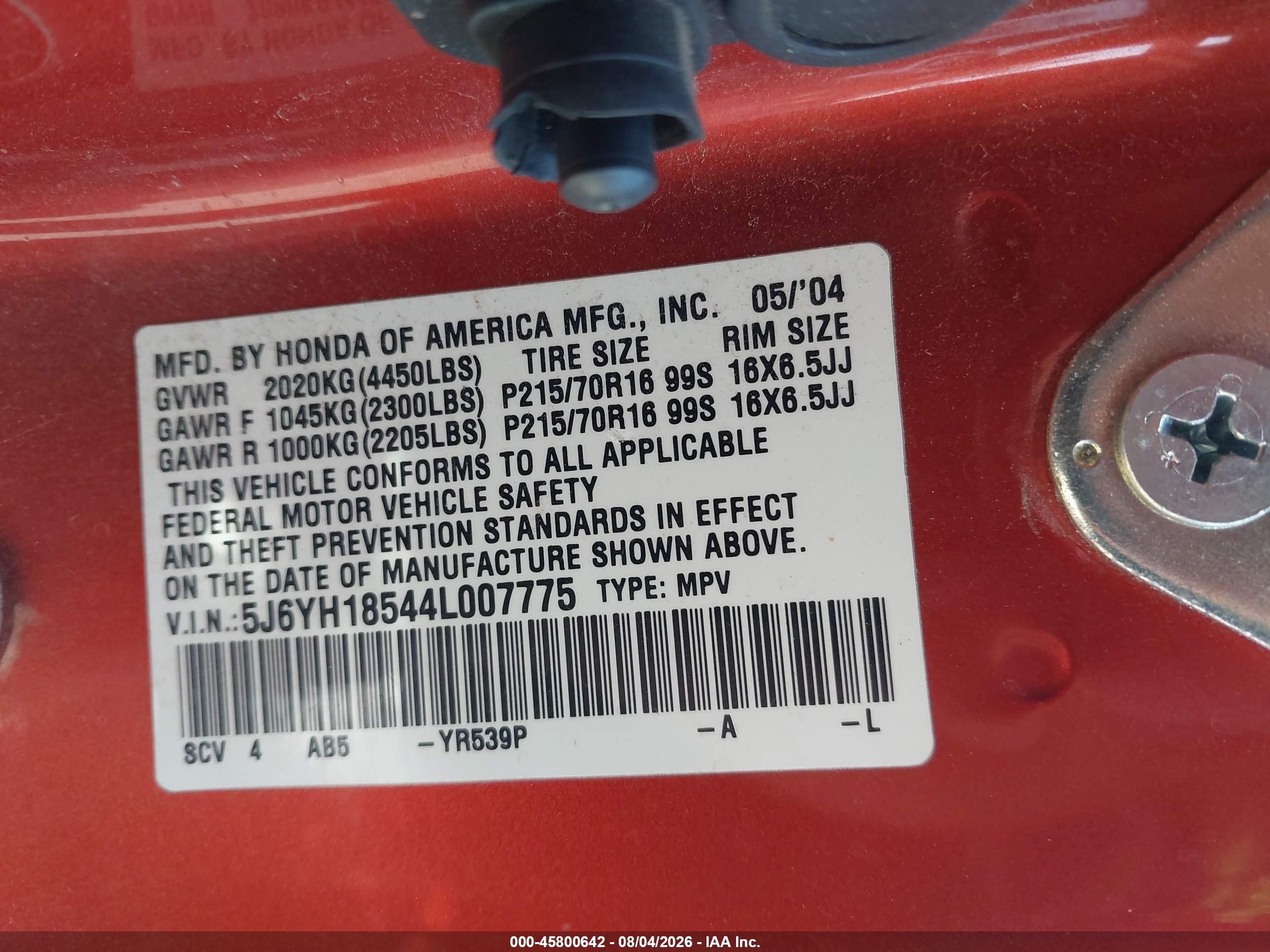 2004 Honda Element Ex Orange vin: 5J6YH18544L007775