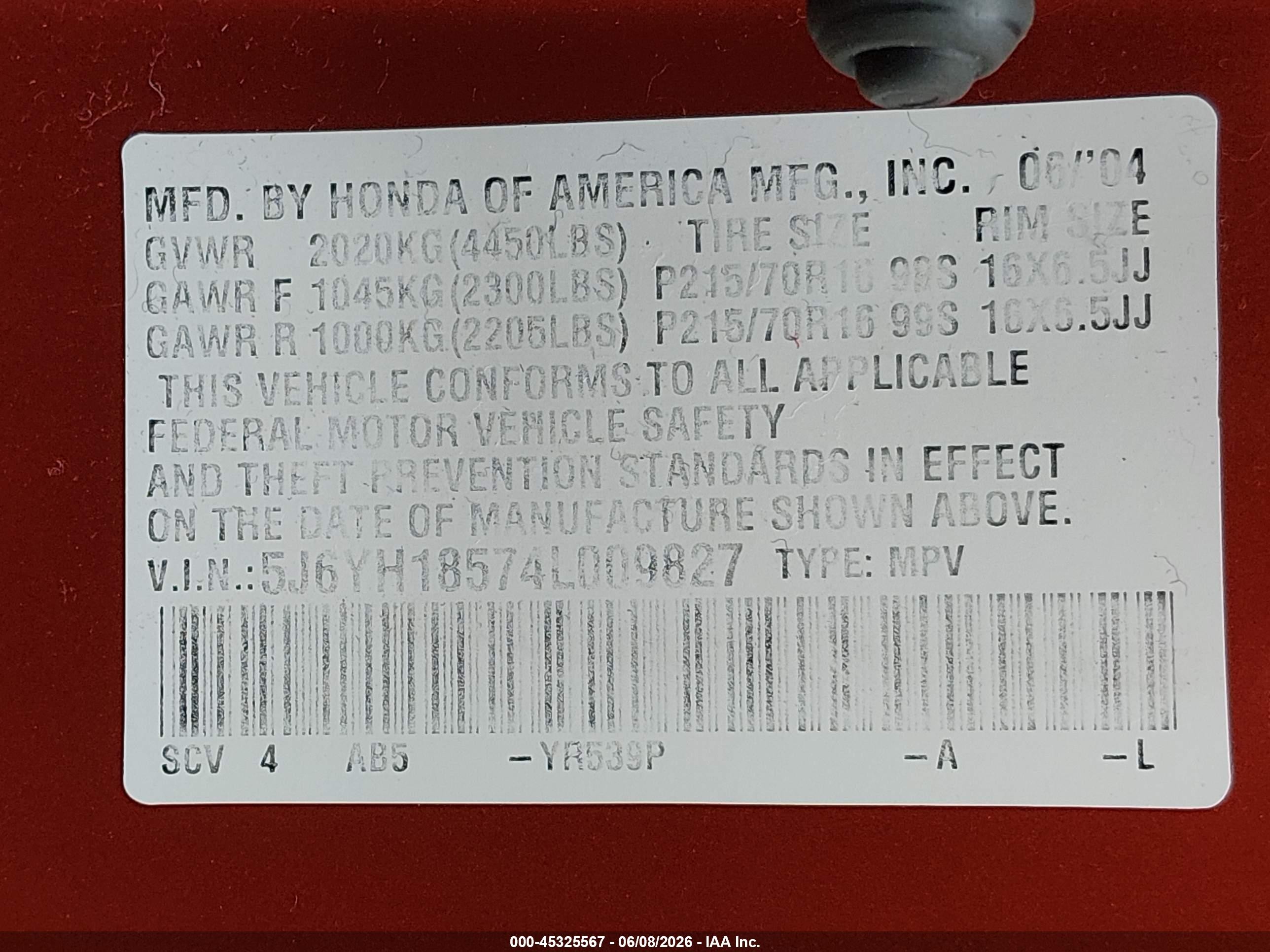 2004 Honda Element Ex Оранжевый vin: 5J6YH18574L009827