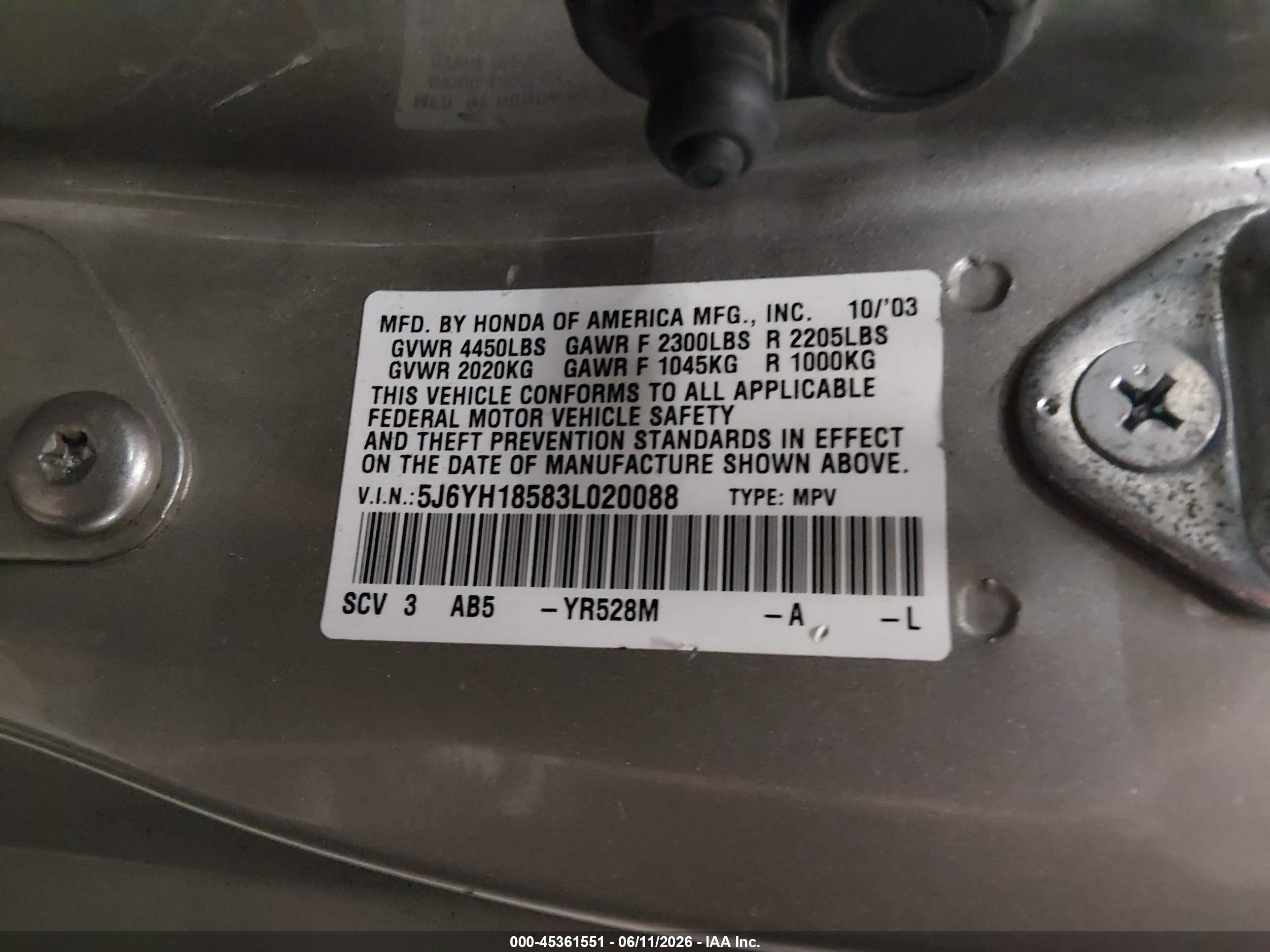 2003 Honda Element Ex Серый vin: 5J6YH18583L020088