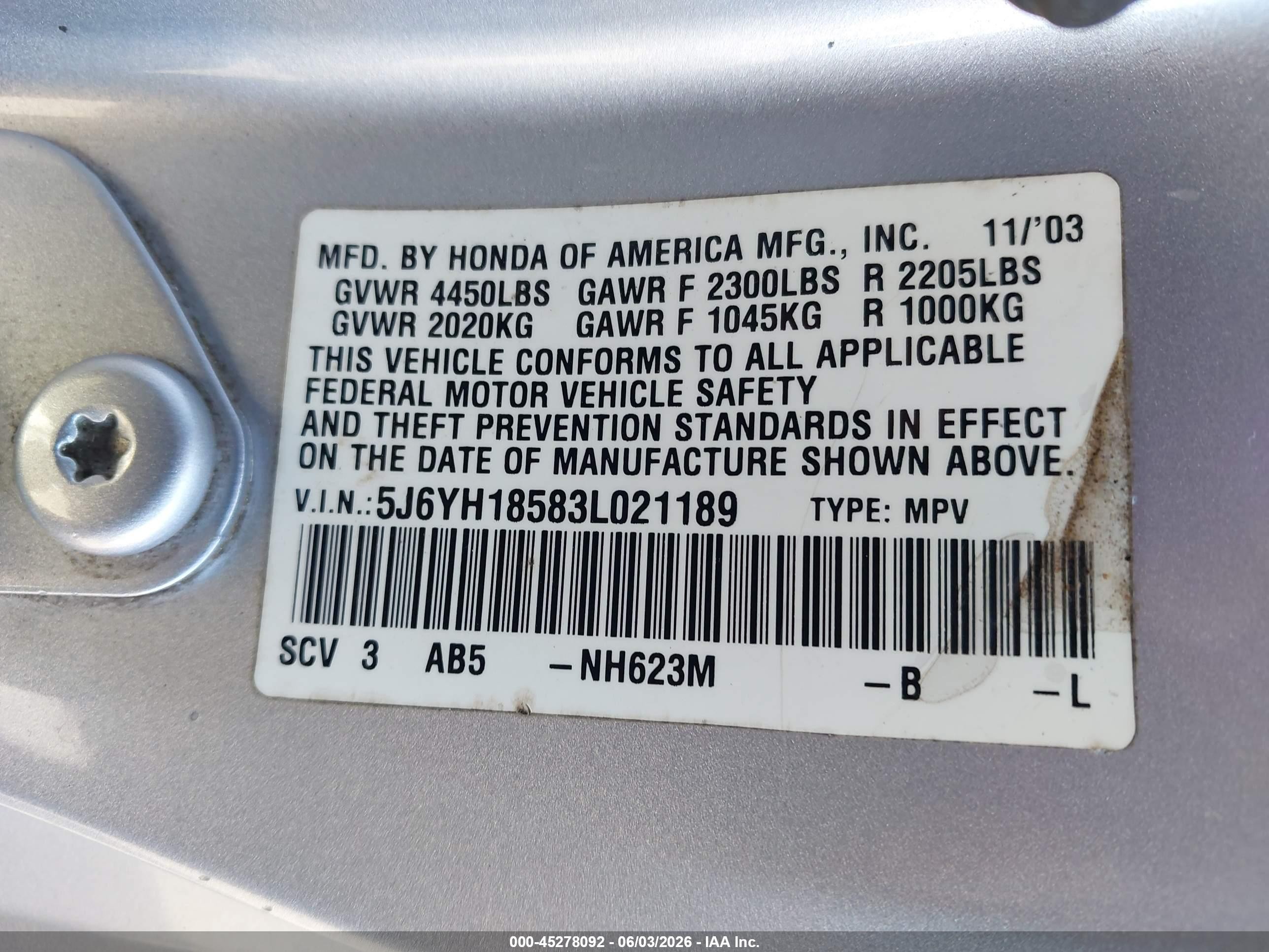 2003 Honda Element Ex Silver vin: 5J6YH18583L021189