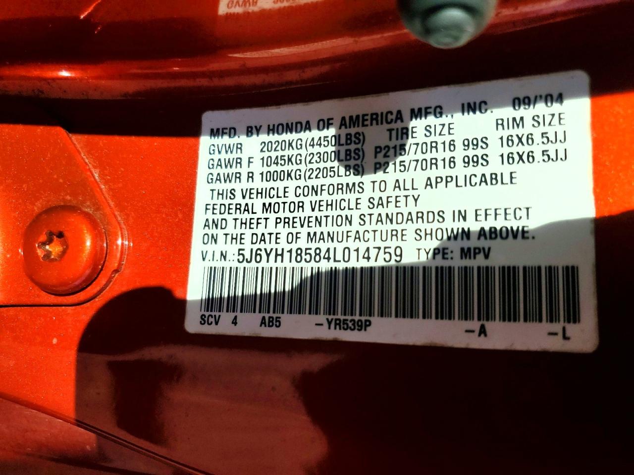 2004 Honda Element Ex Orange vin: 5J6YH18584L014759