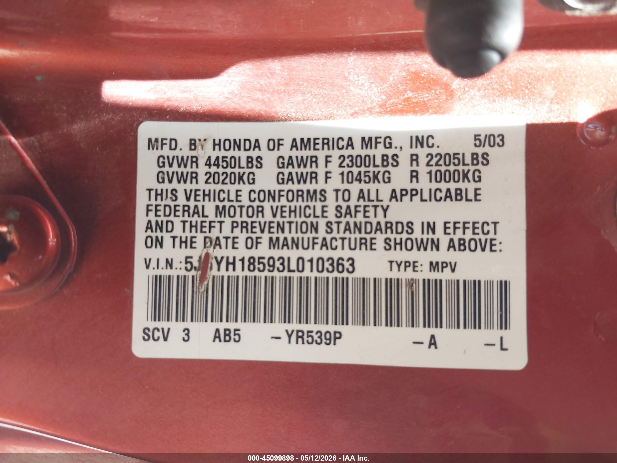 2003 Honda Element Ex Orange vin: 5J6YH18593L010363