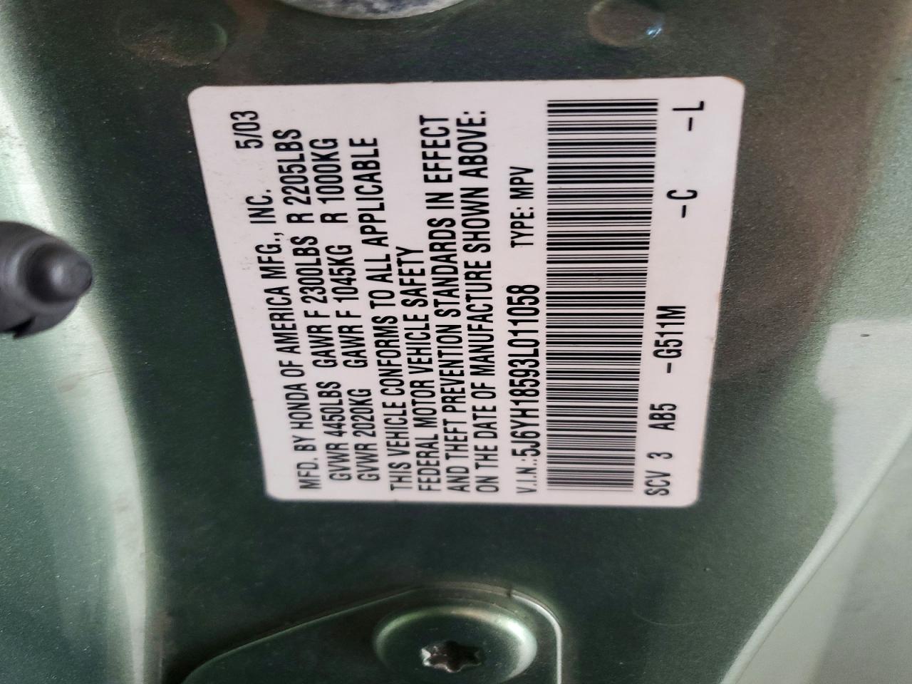 2003 Honda Element Ex Green vin: 5J6YH18593L011058