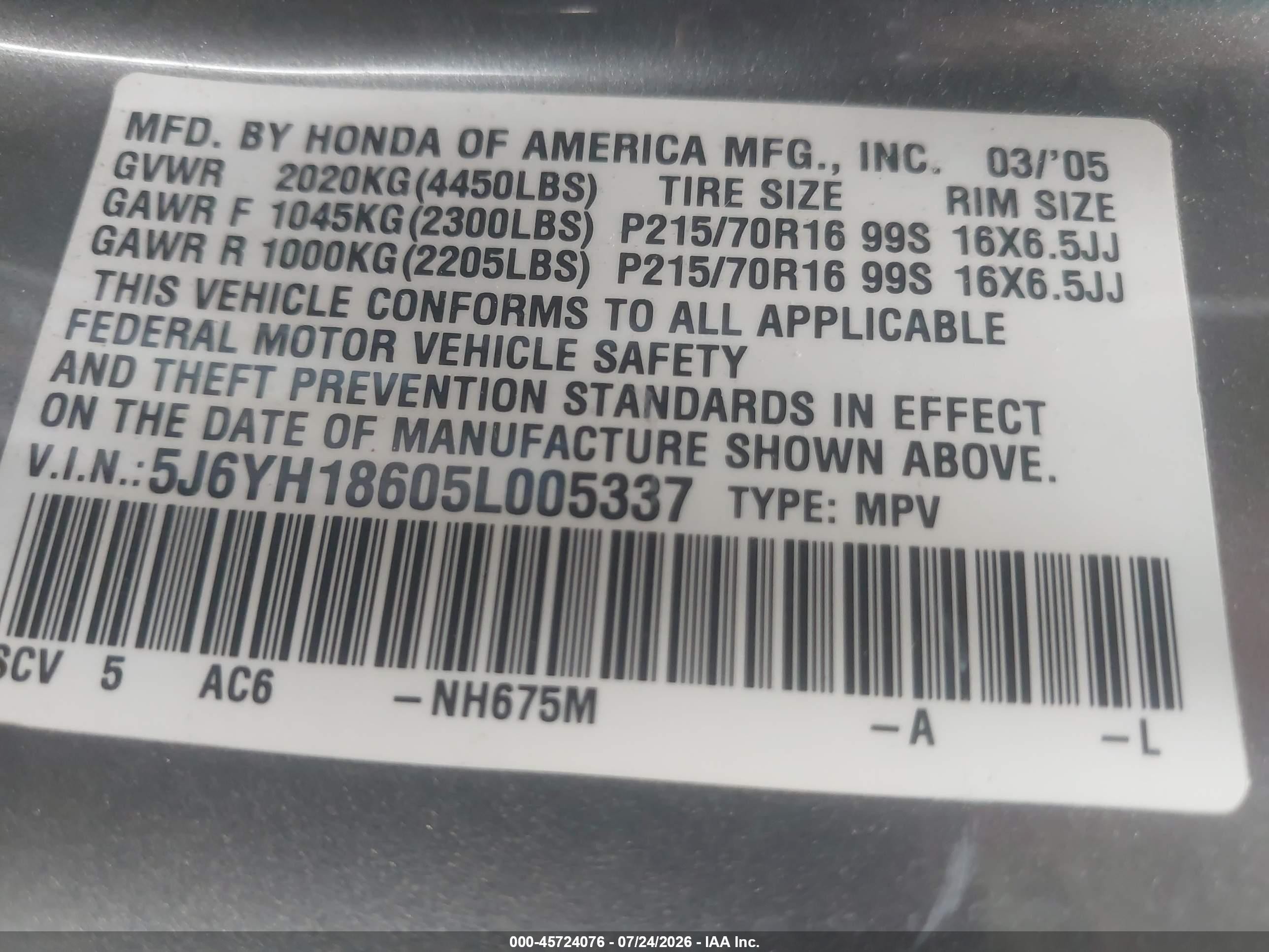 2005 Honda Element Ex Gray vin: 5J6YH18605L005337