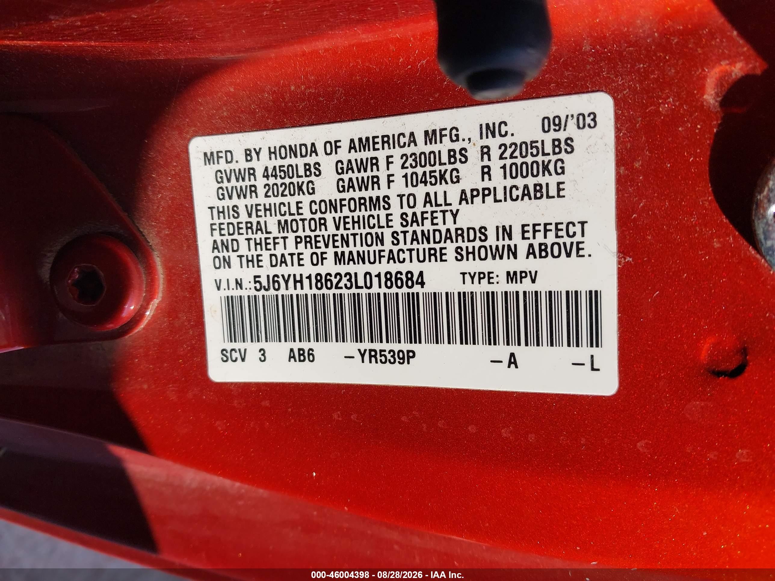 2003 Honda Element Ex Orange vin: 5J6YH18623L018684