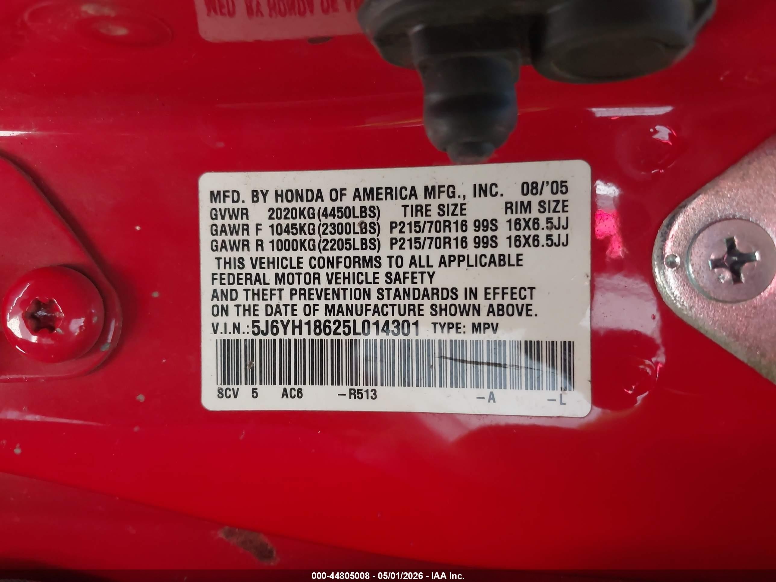 2005 Honda Element Ex Red vin: 5J6YH18625L014301
