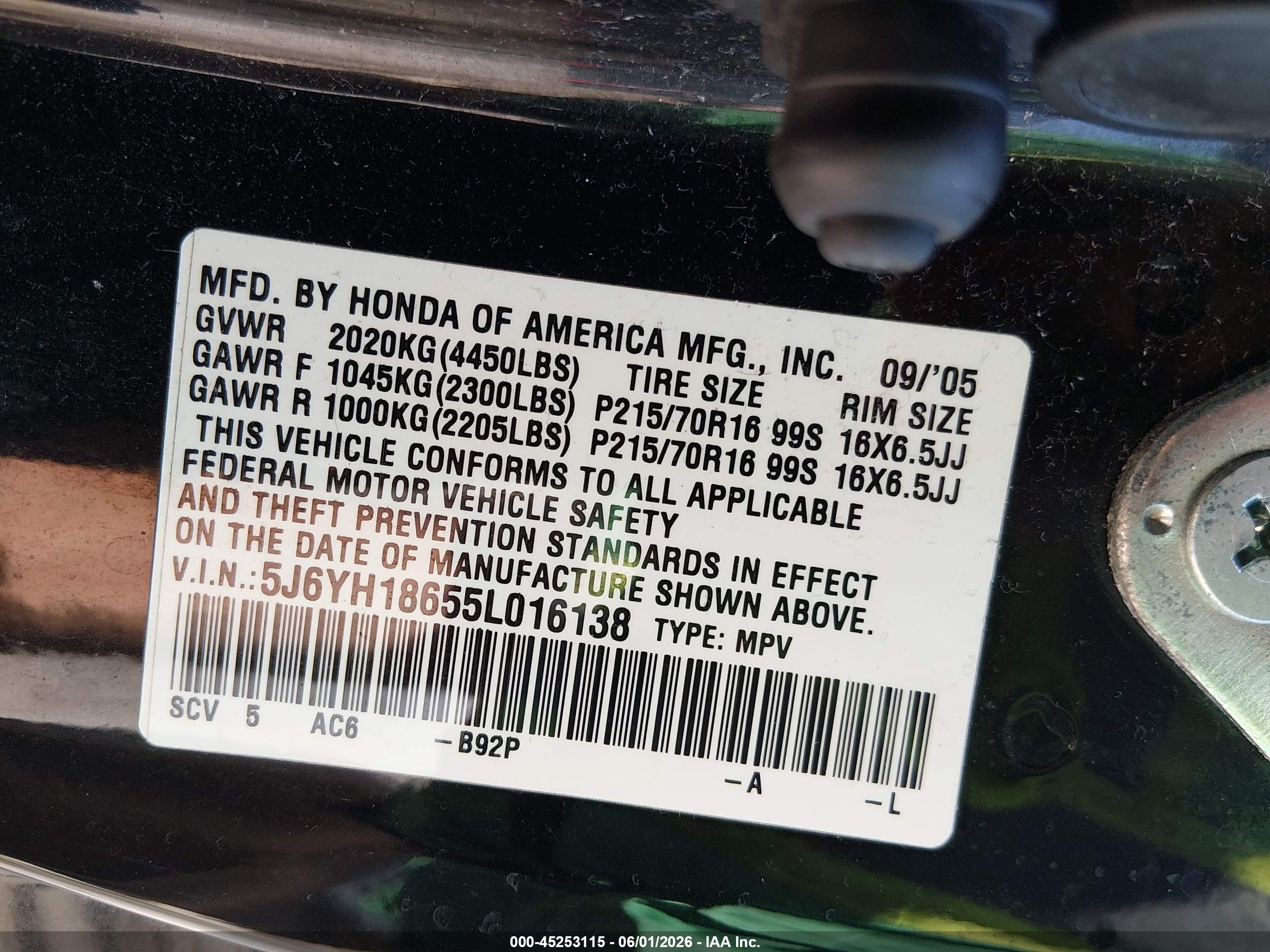 2005 Honda Element Ex Black vin: 5J6YH18655L016138