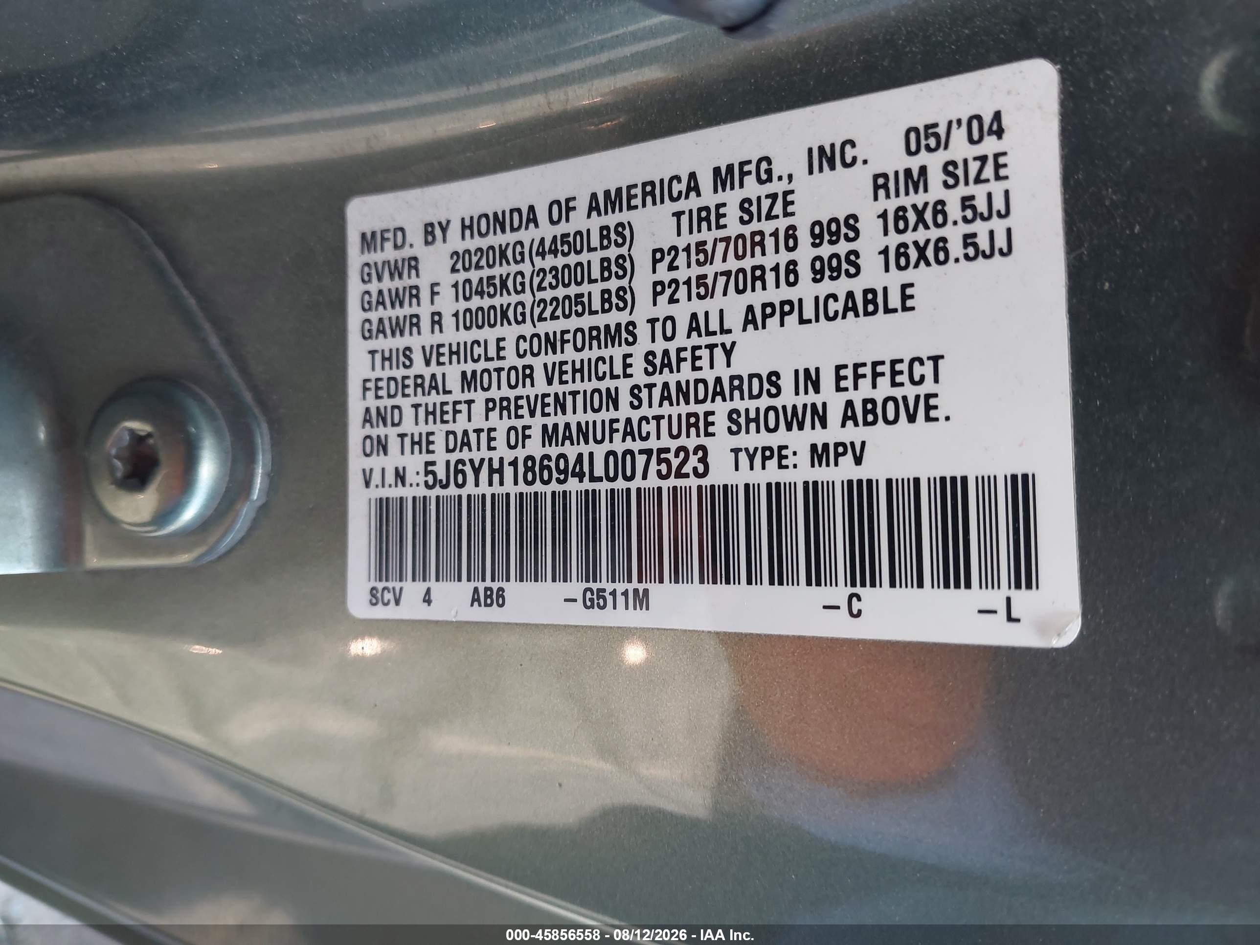 2004 Honda Element Ex Зеленый vin: 5J6YH18694L007523