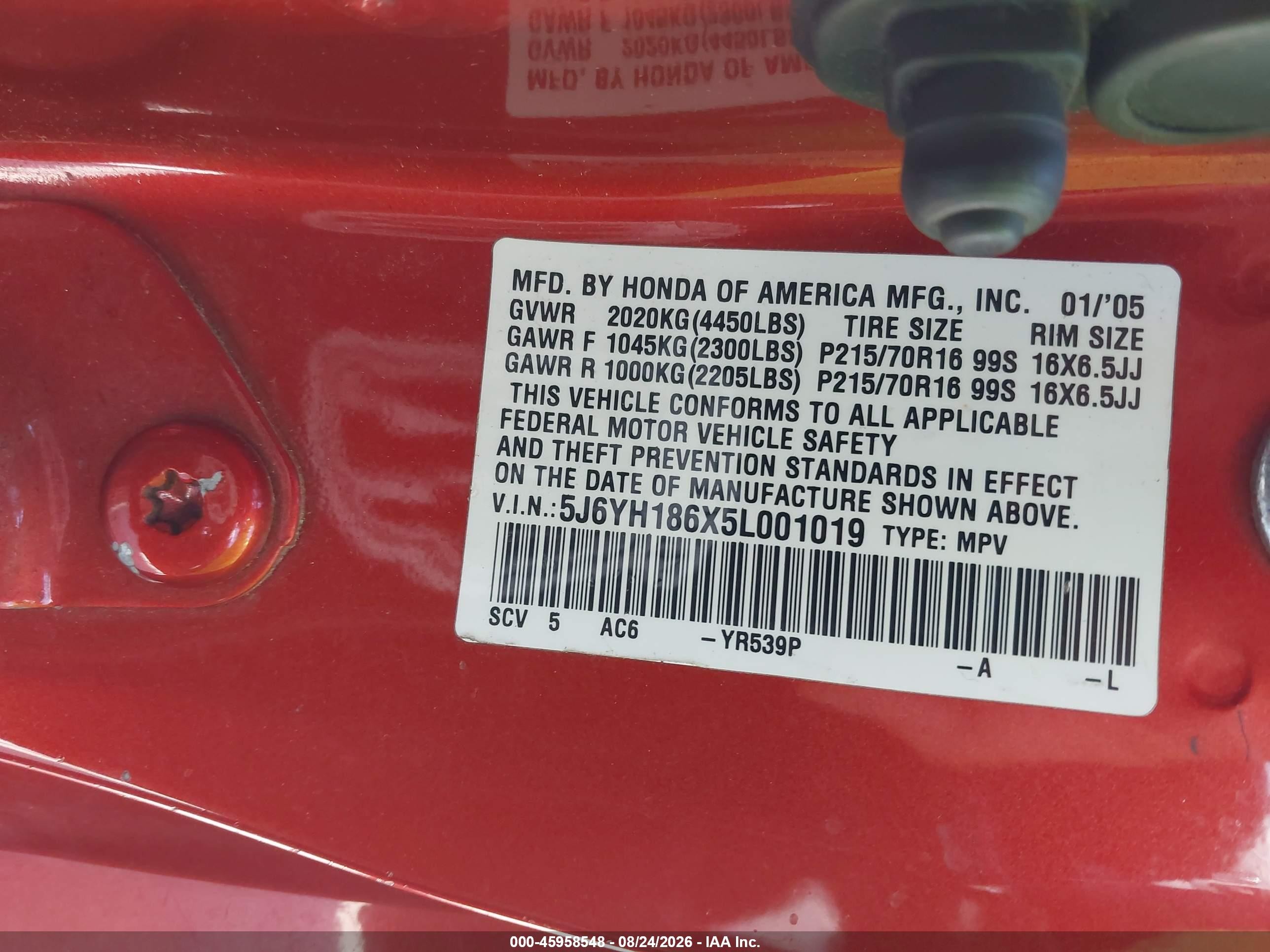 2005 Honda Element Ex Orange vin: 5J6YH186X5L001019