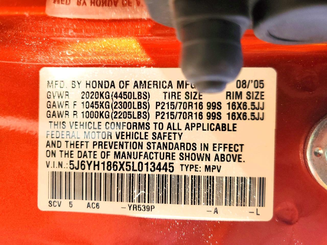 2005 Honda Element Ex Orange vin: 5J6YH186X5L013445