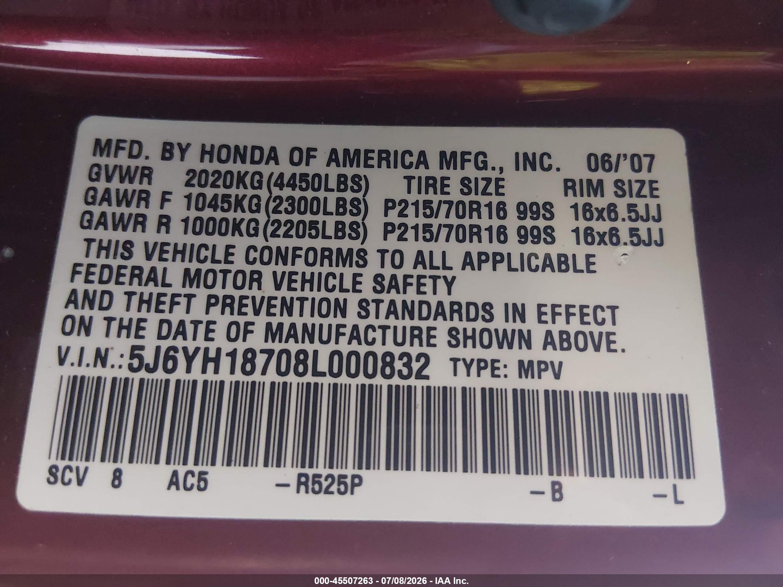 2008 Honda Element Ex Red vin: 5J6YH18708L000832
