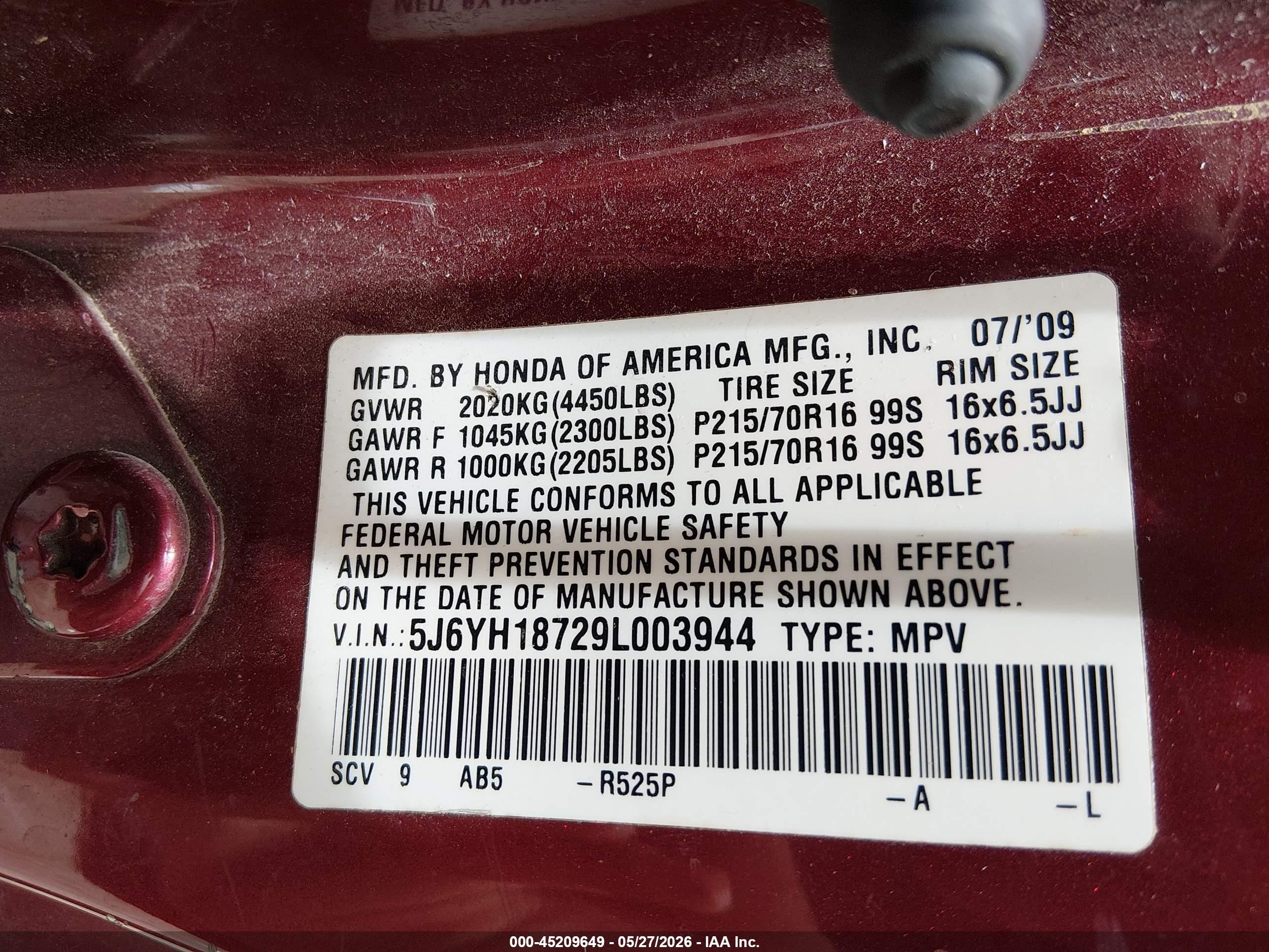 2009 Honda Element Ex Red vin: 5J6YH18729L003944