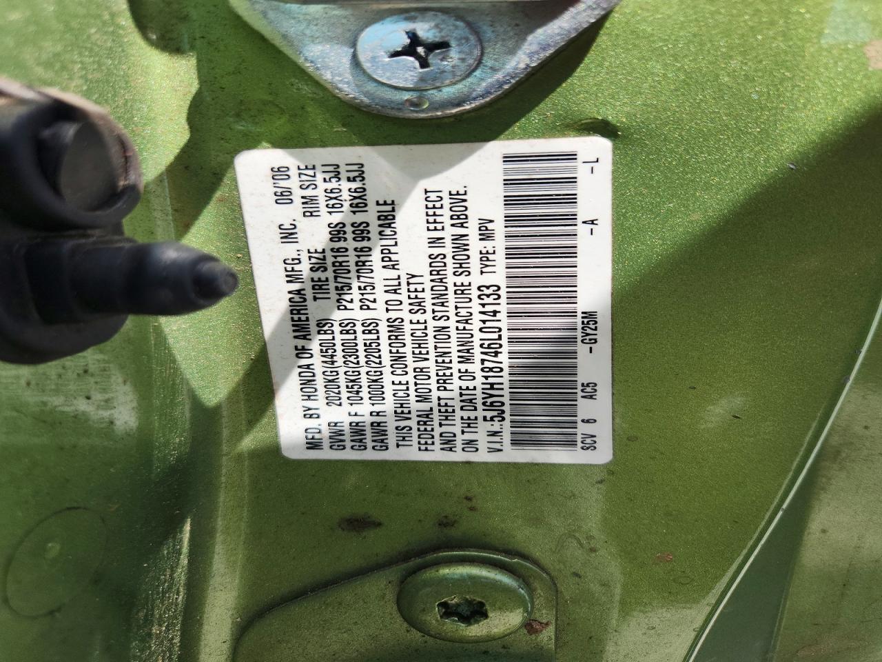 2006 Hond Element Green vin: 5J6YH18746L014133
