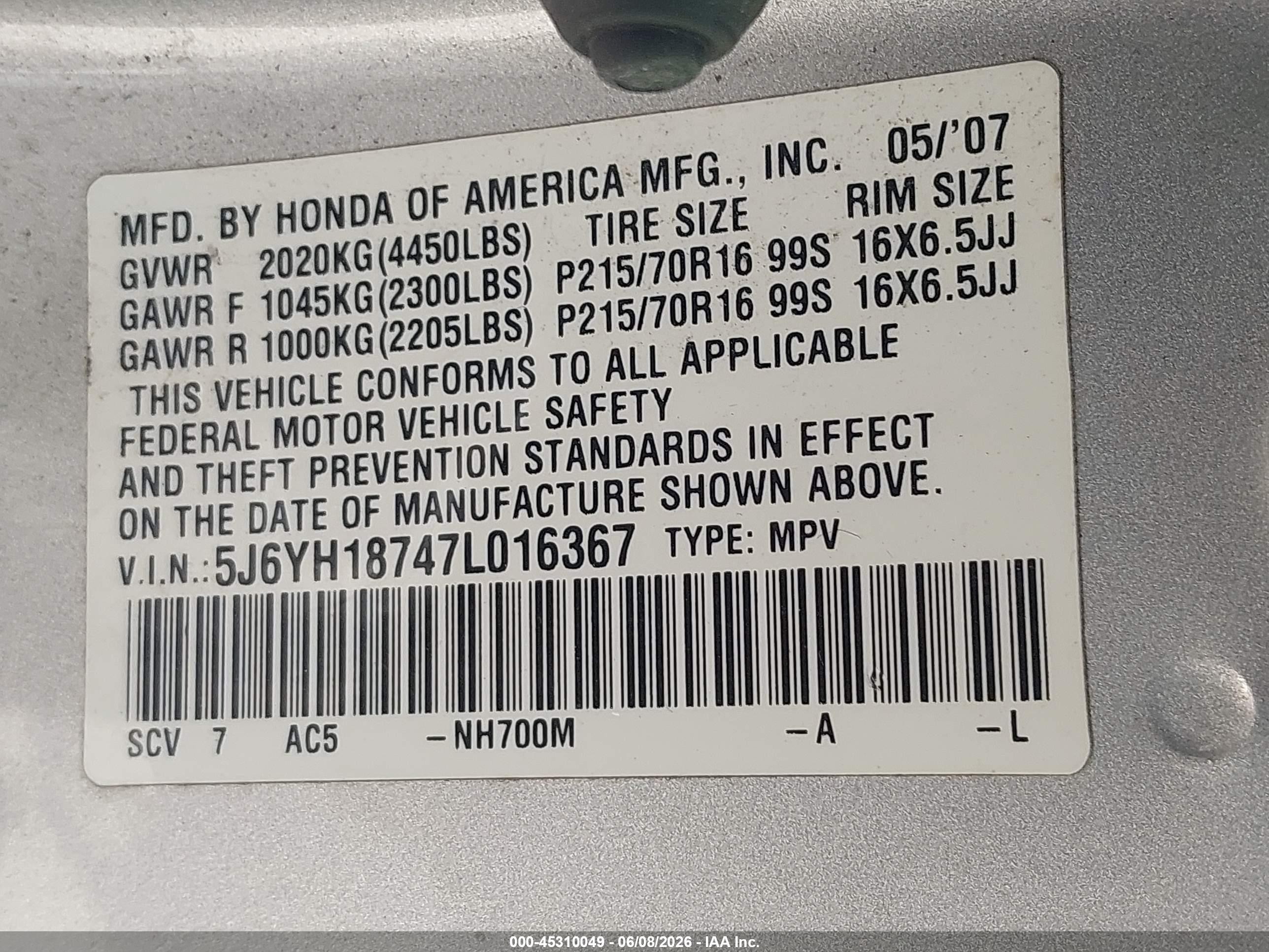 2007 Honda Element Ex Silver vin: 5J6YH18747L016367