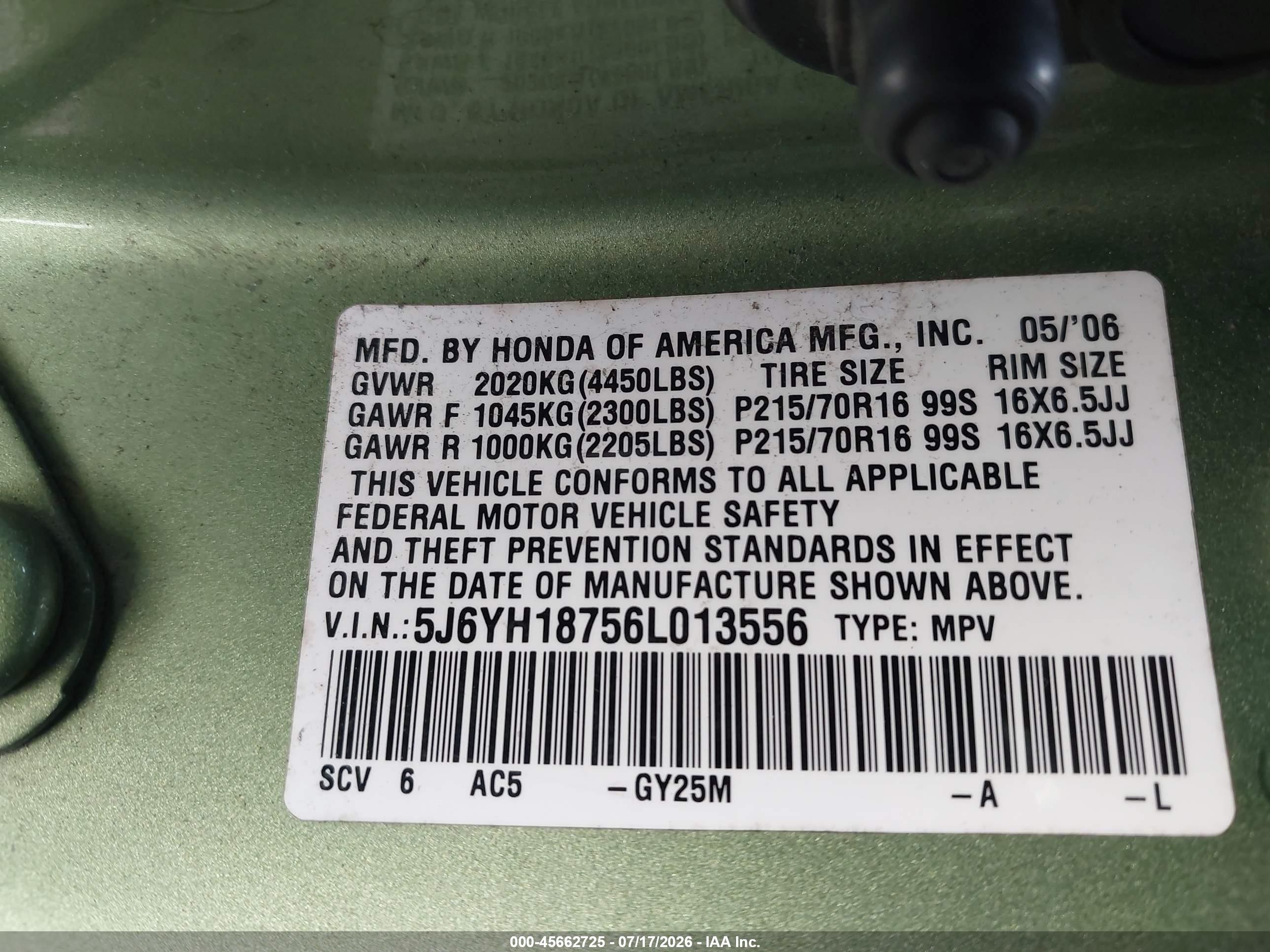 2006 Honda Element Ex-p Green vin: 5J6YH18756L013556