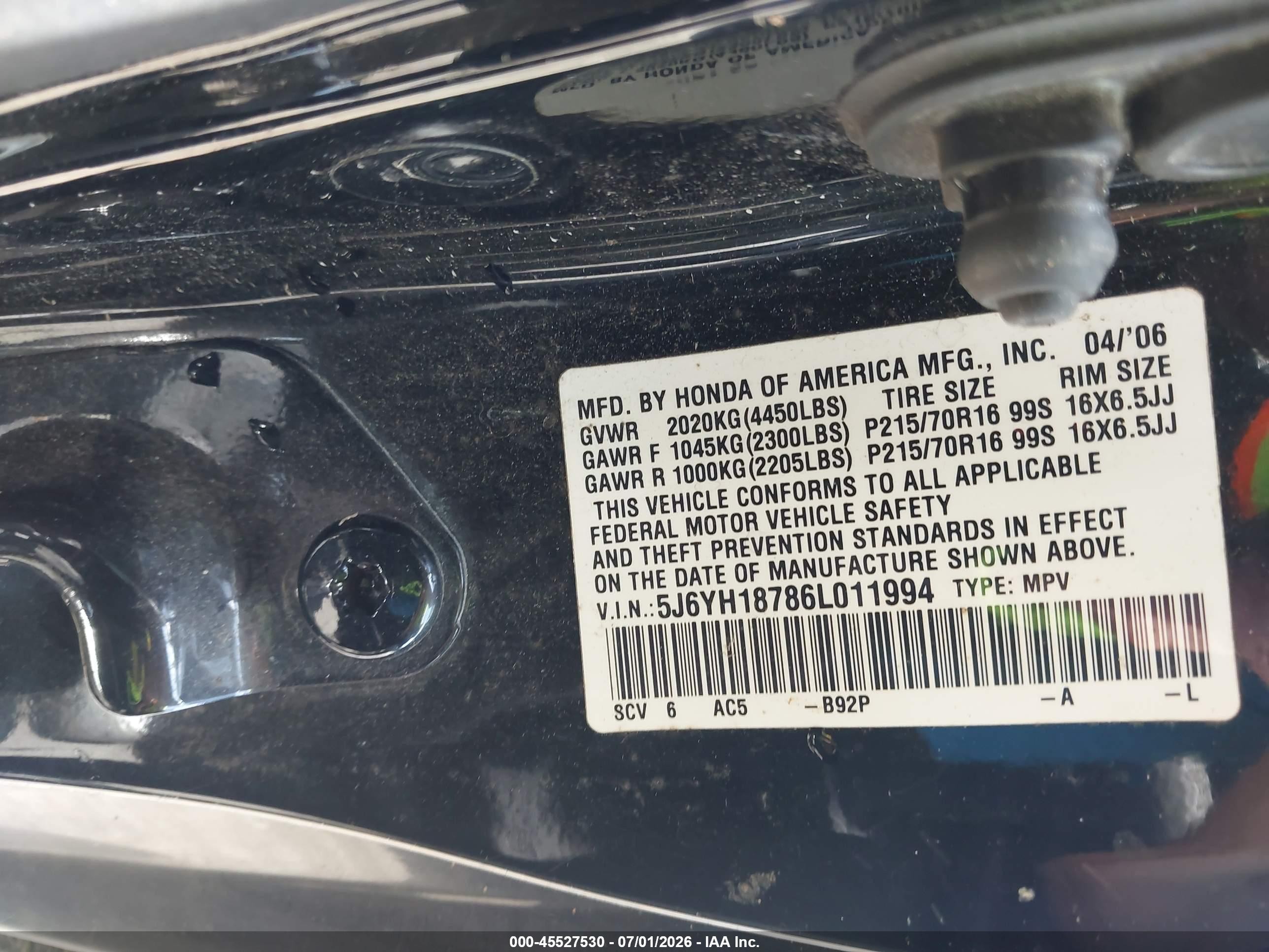 2006 Honda Element Ex-p Blue vin: 5J6YH18786L011994