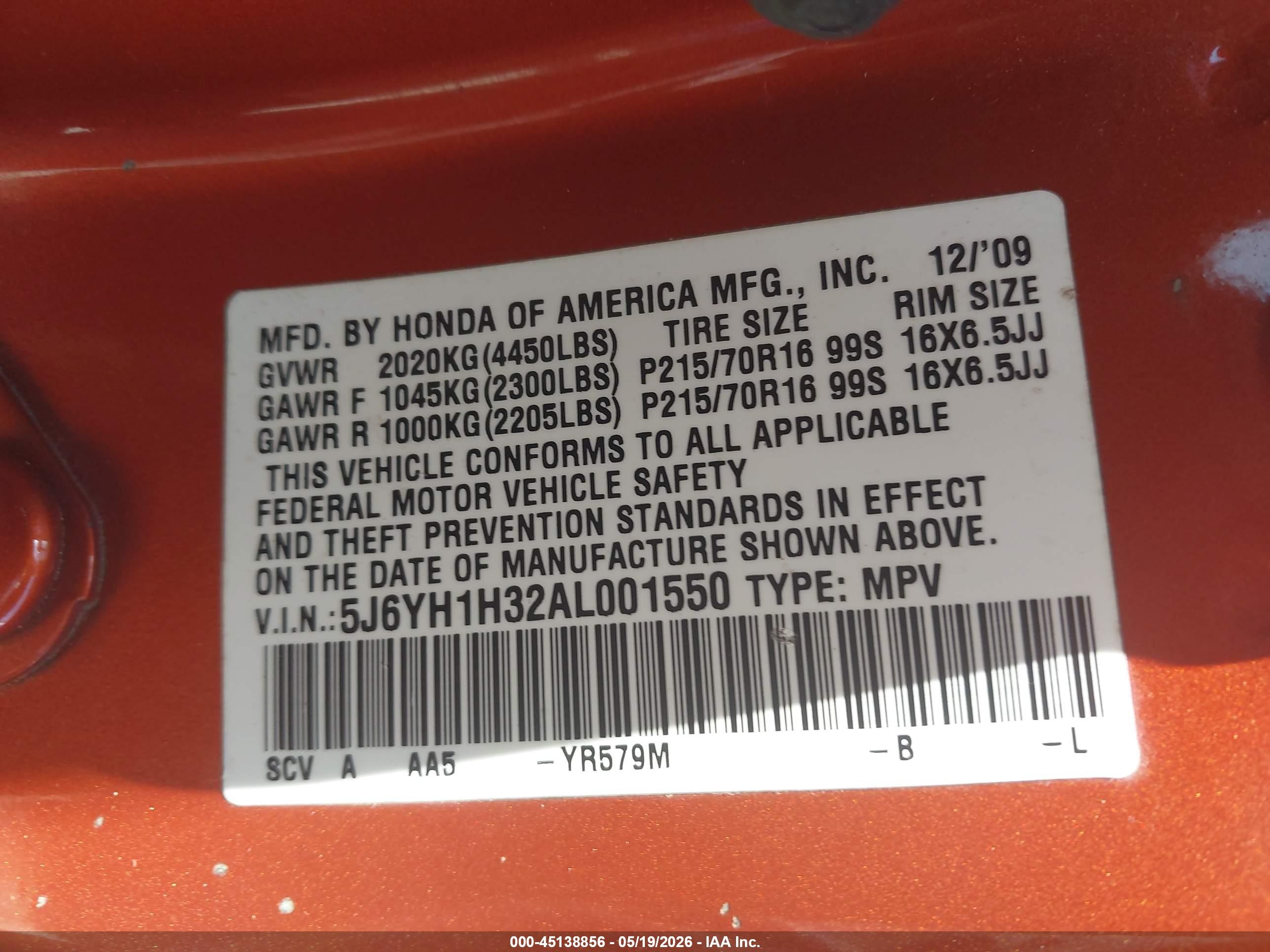 2010 Honda Element Lx Orange vin: 5J6YH1H32AL001550