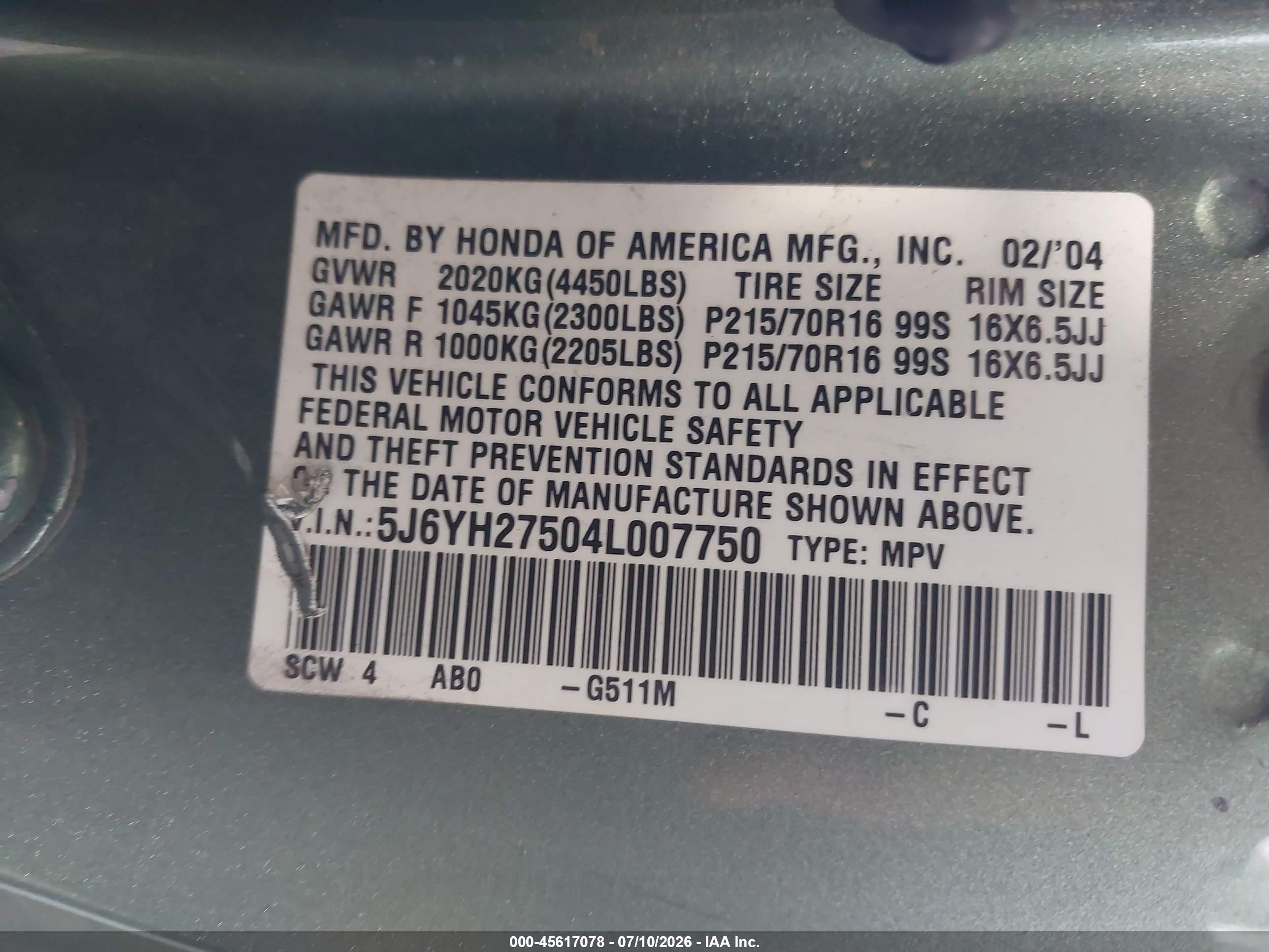 2004 Honda Element Ex Green vin: 5J6YH27504L007750