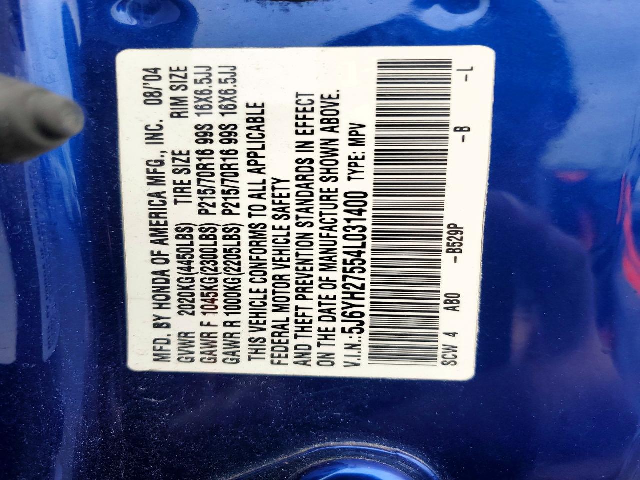 2004 Honda Element Ex Blue vin: 5J6YH27554L031400