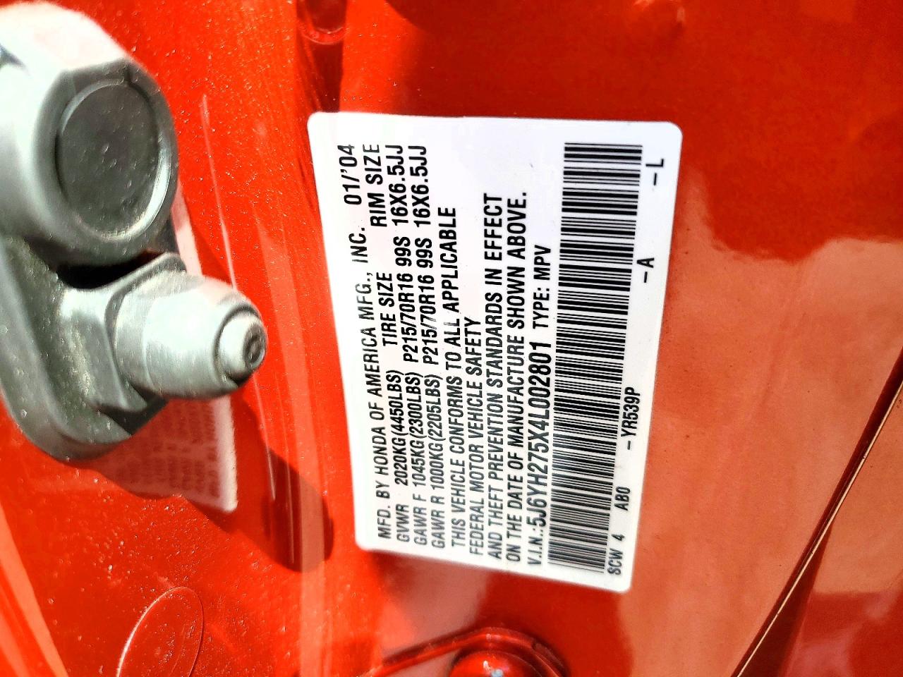 2004 Honda Element Ex Orange vin: 5J6YH275X4L002801