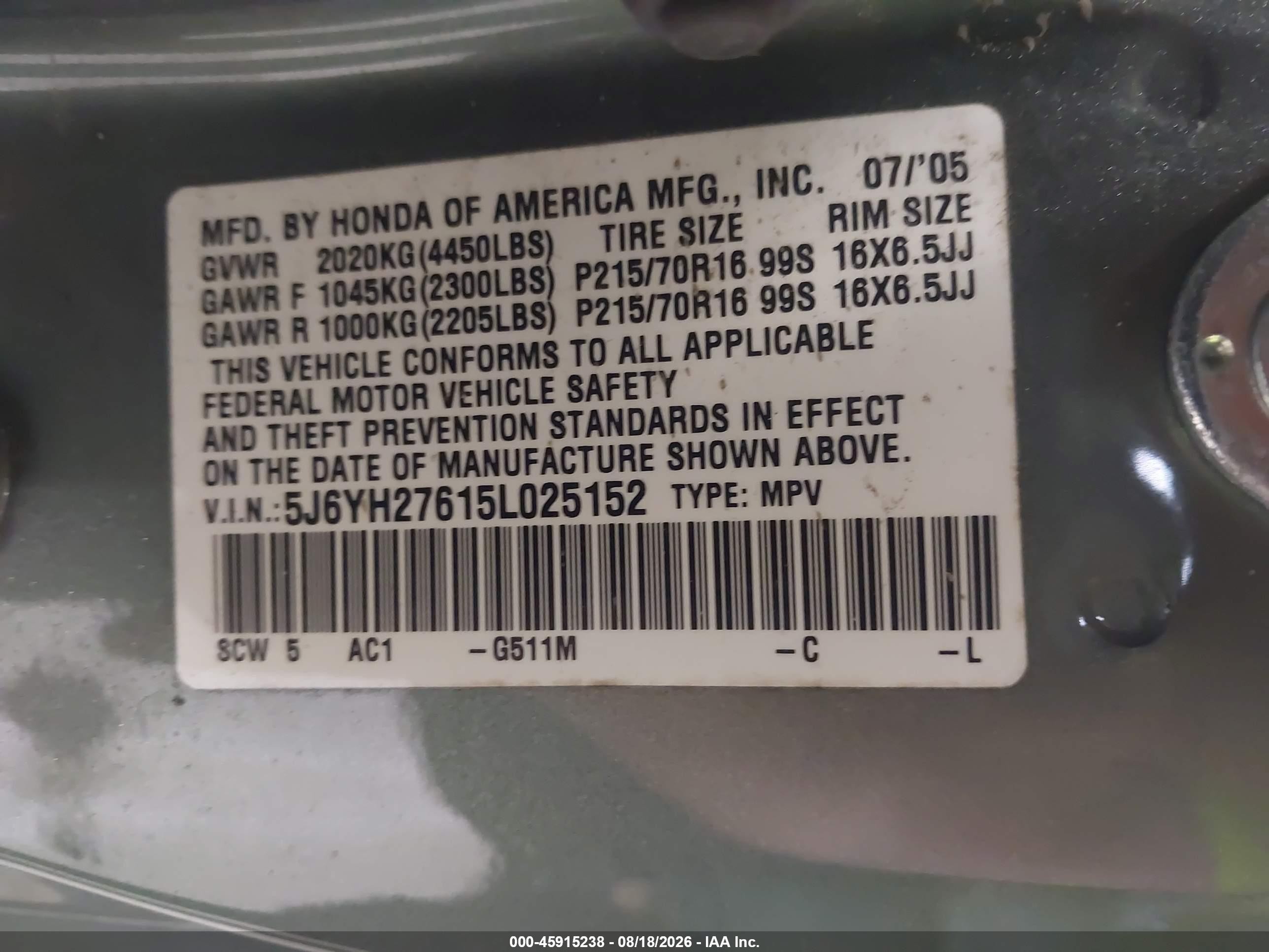 2005 Honda Element Ex Green vin: 5J6YH27615L025152