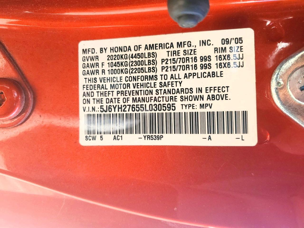 2005 Honda Element Ex Orange vin: 5J6YH27655L030595