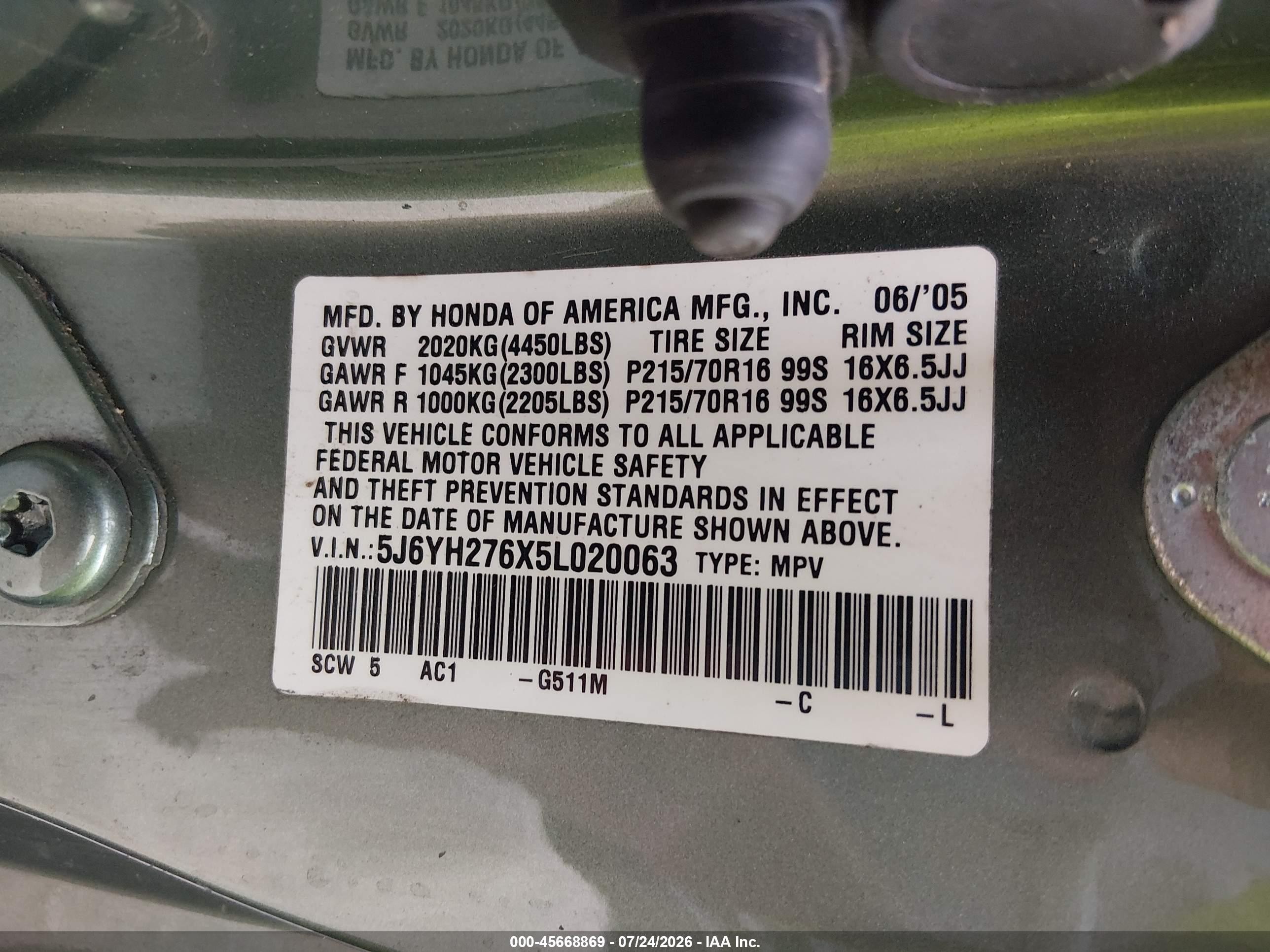 2005 Honda Element Ex Green vin: 5J6YH276X5L020063