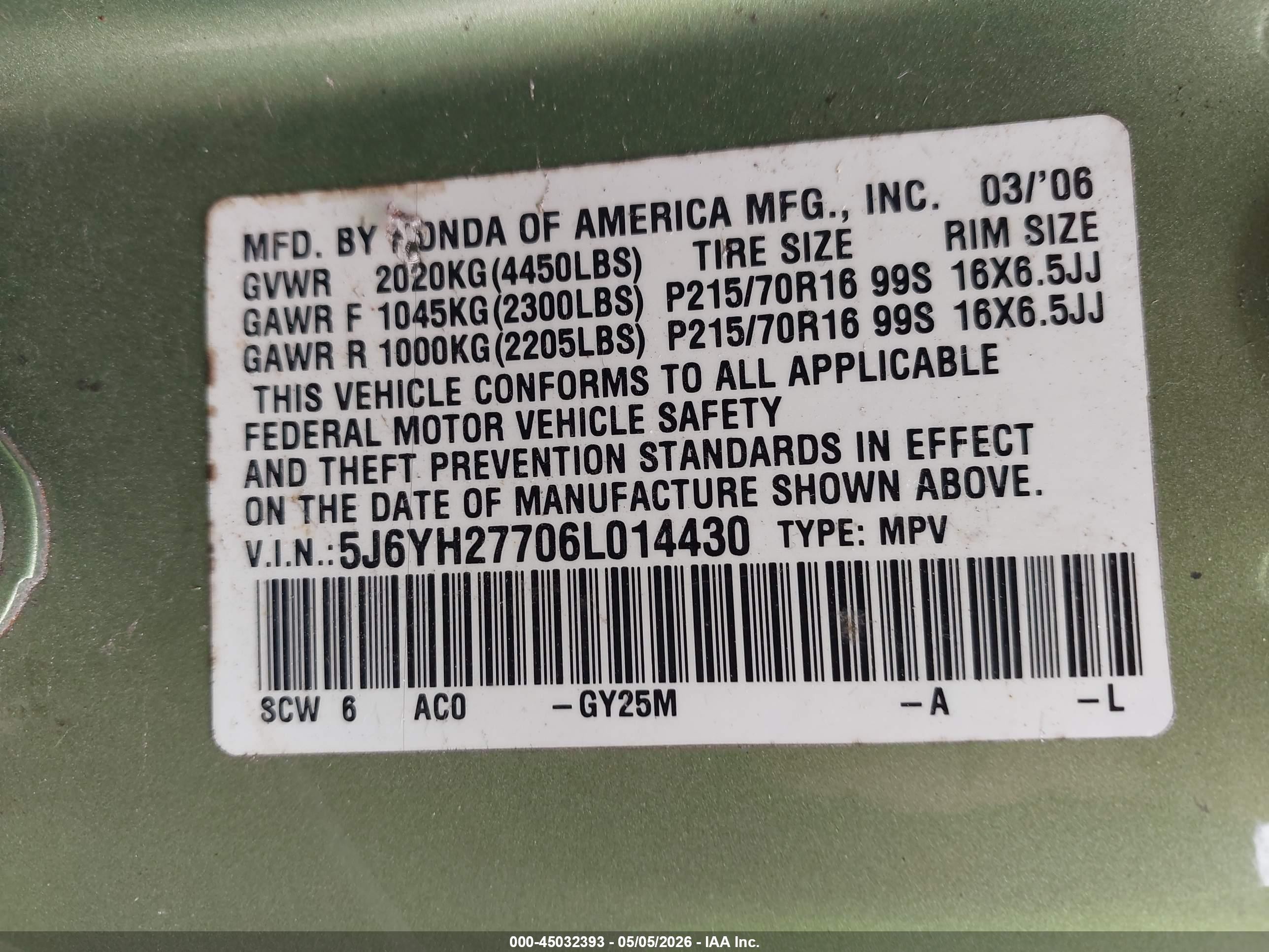 2006 Honda Element Ex-p Зеленый vin: 5J6YH27706L014430