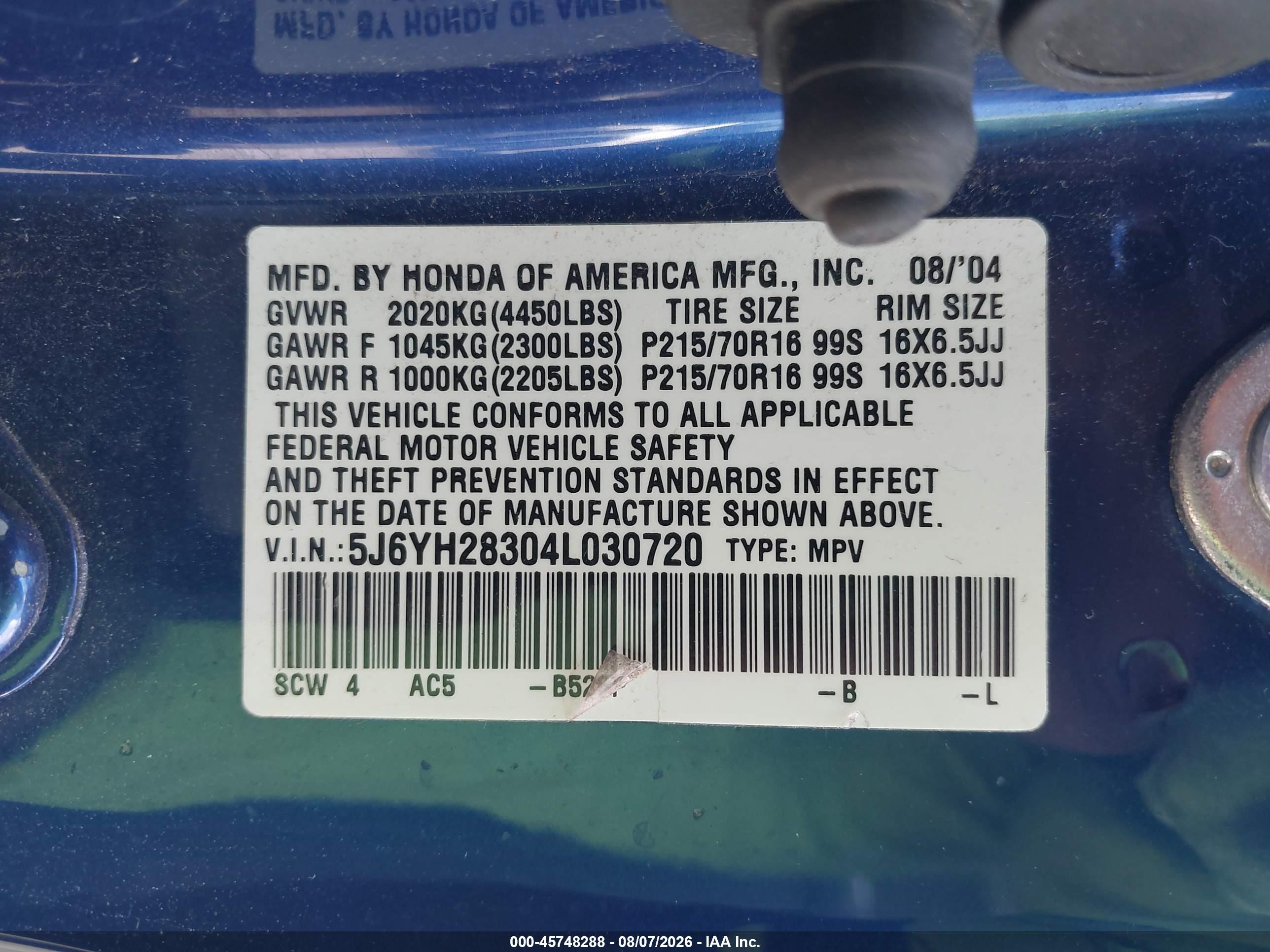 2004 Honda Element Lx Blue vin: 5J6YH28304L030720