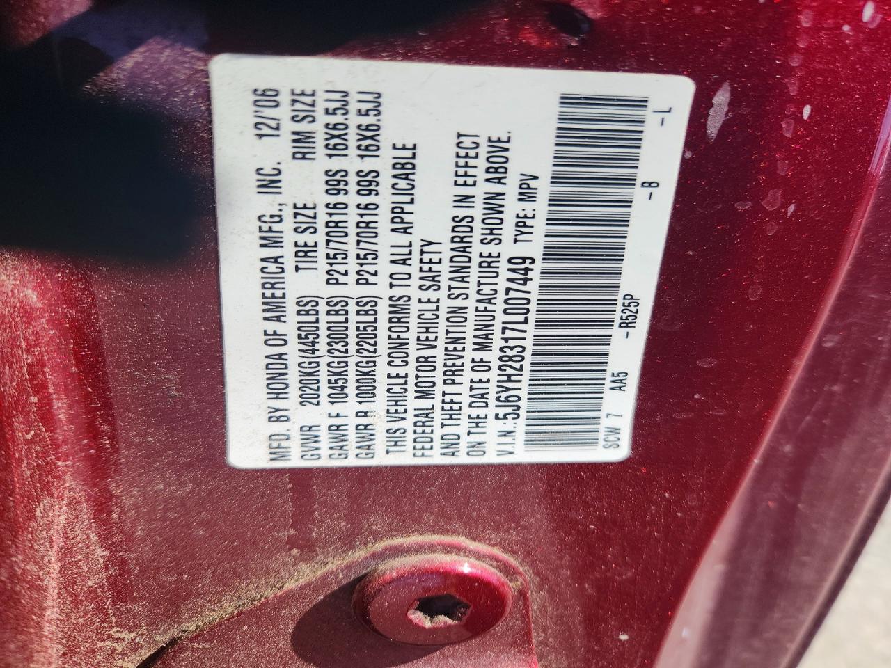 2007 Honda Element Lx Red vin: 5J6YH28317L007449