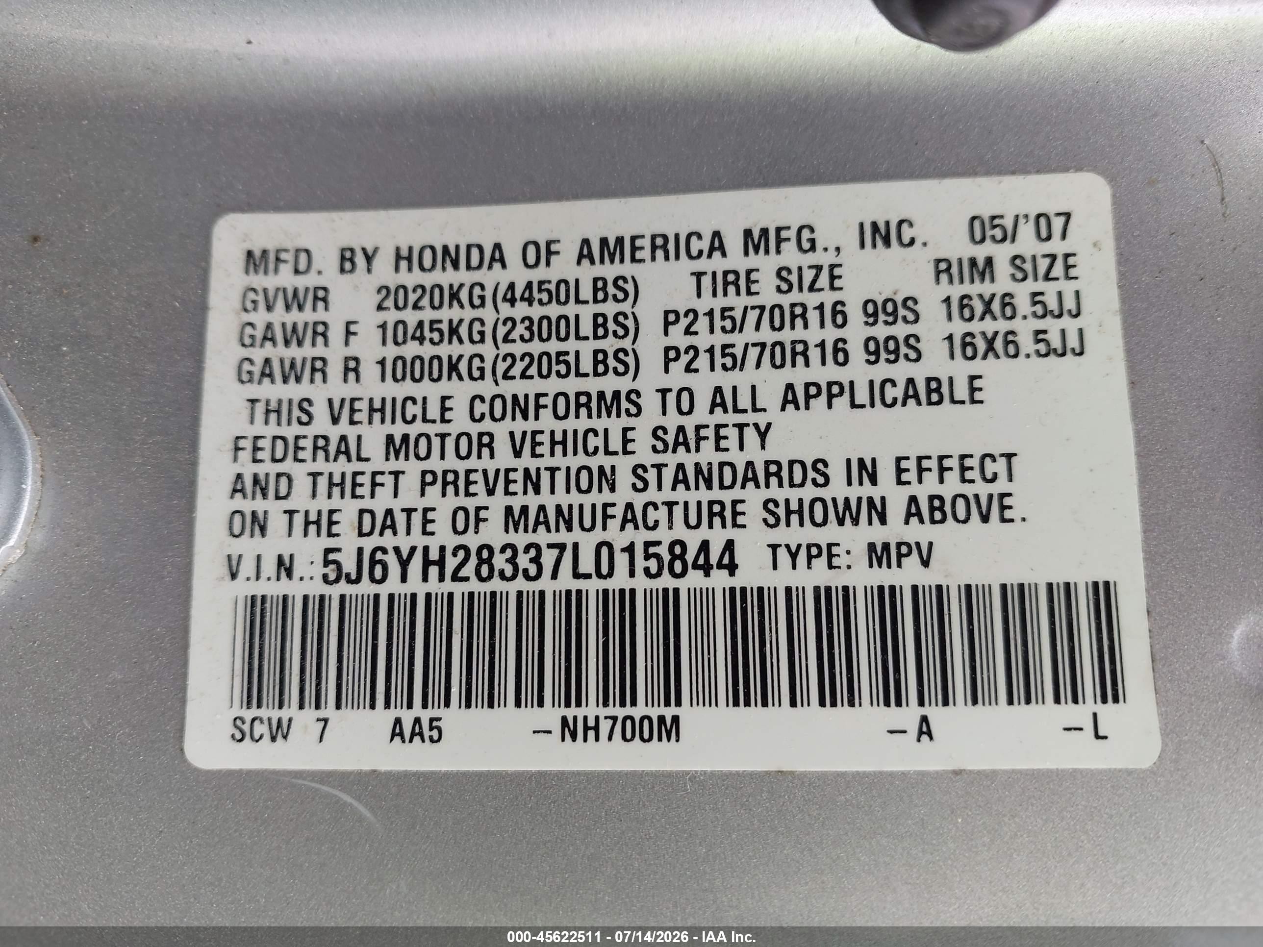 2007 Honda Element Lx Silver vin: 5J6YH28337L015844