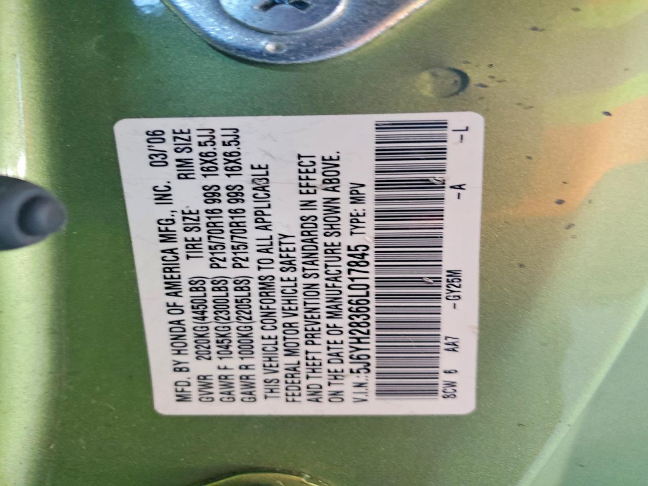 2006 Honda Element Lx Зеленый vin: 5J6YH28366L017845