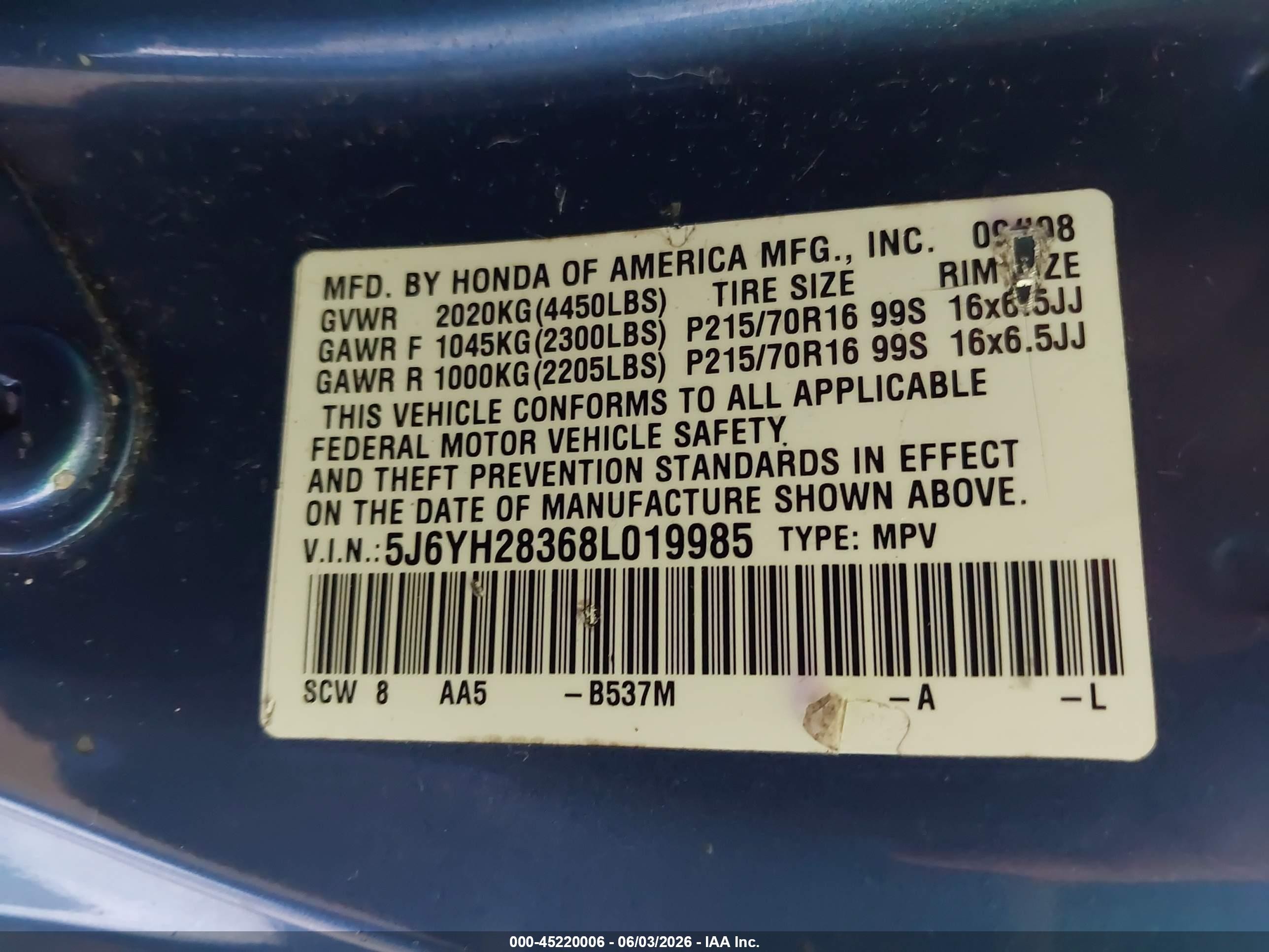 2008 Honda Element Lx Blue vin: 5J6YH28368L019985