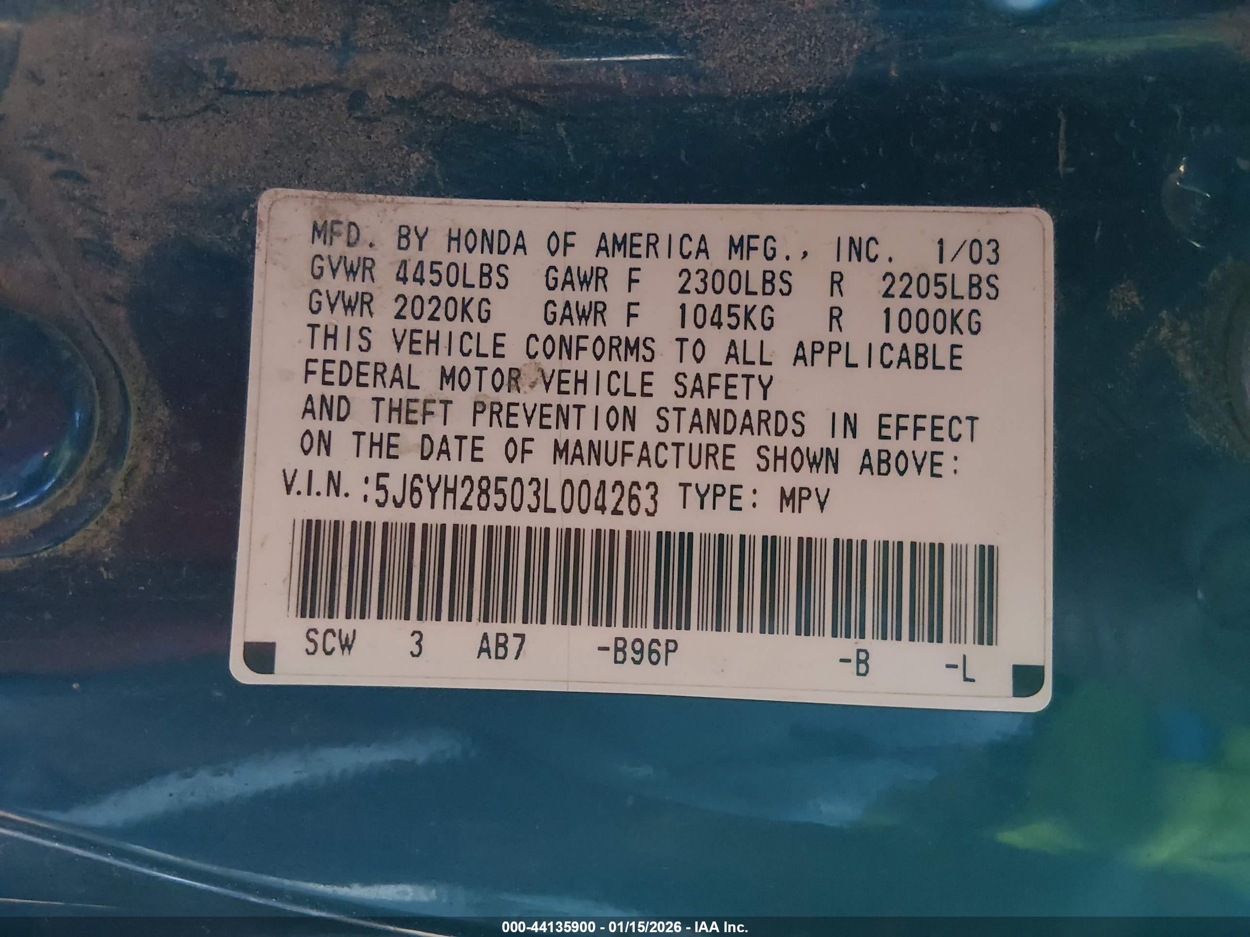 2003 Honda Element Ex Blue vin: 5J6YH28503L004263