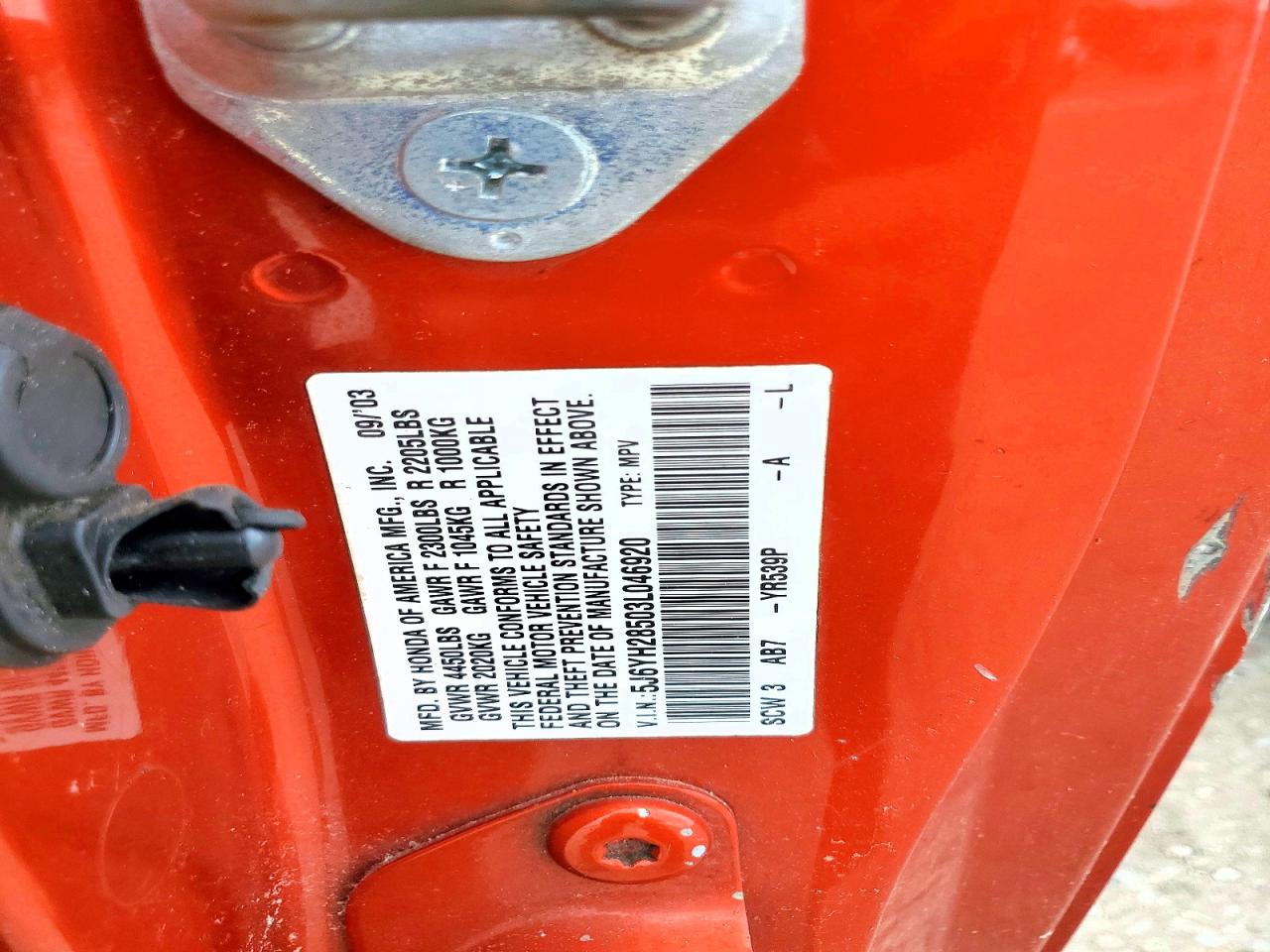 2003 Honda Element Ex Orange vin: 5J6YH28503L046920