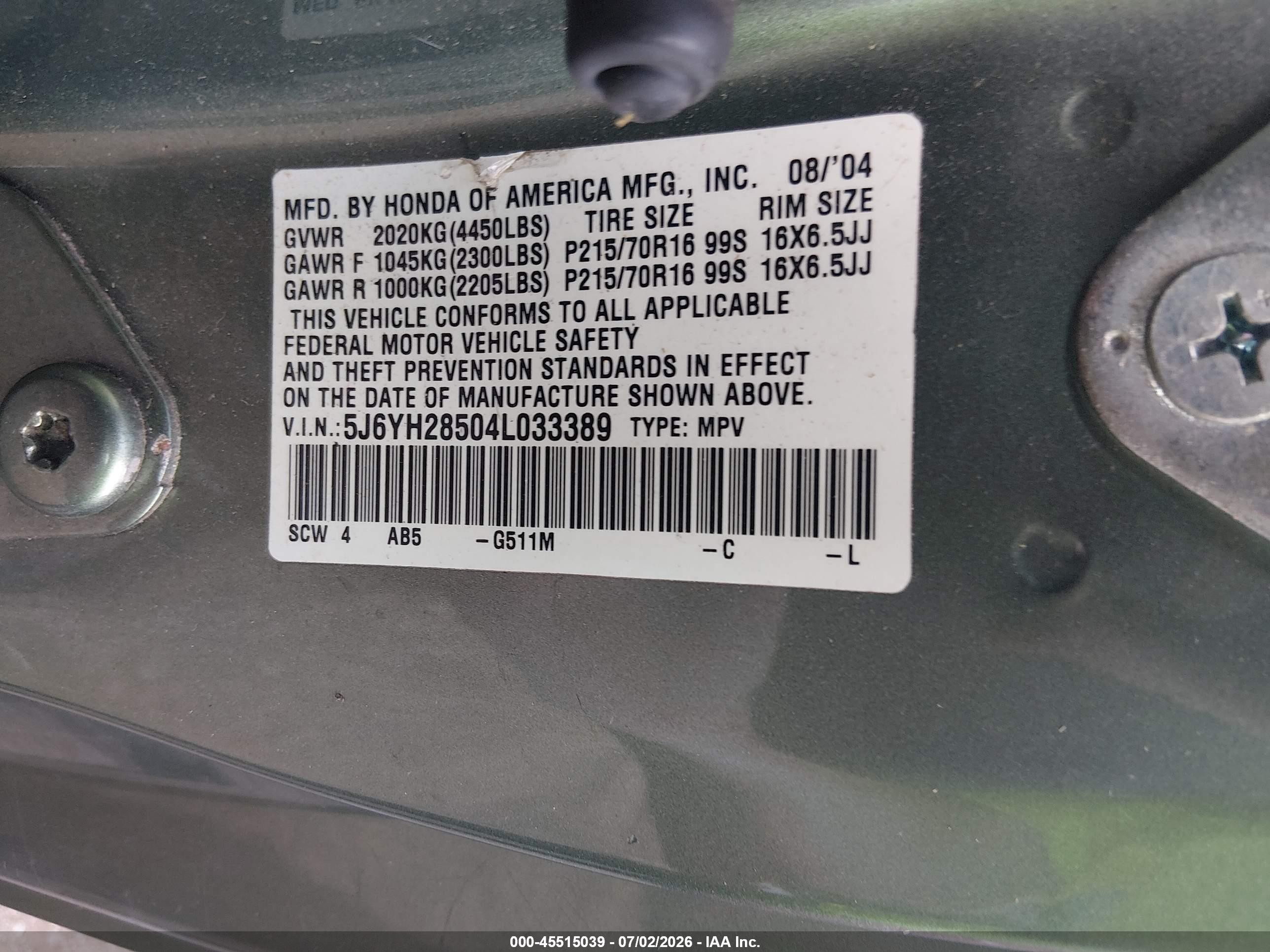 2004 Honda Element Ex Green vin: 5J6YH28504L033389