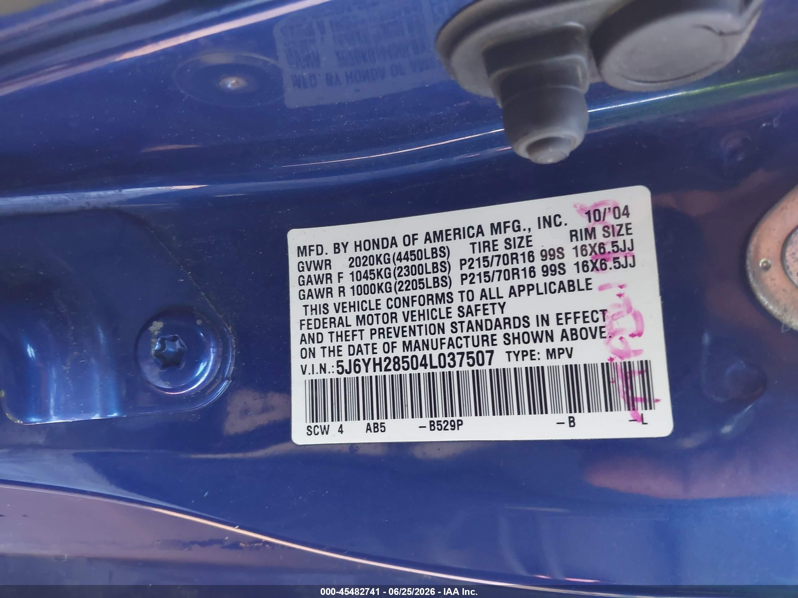 2004 Honda Element Ex Blue vin: 5J6YH28504L037507
