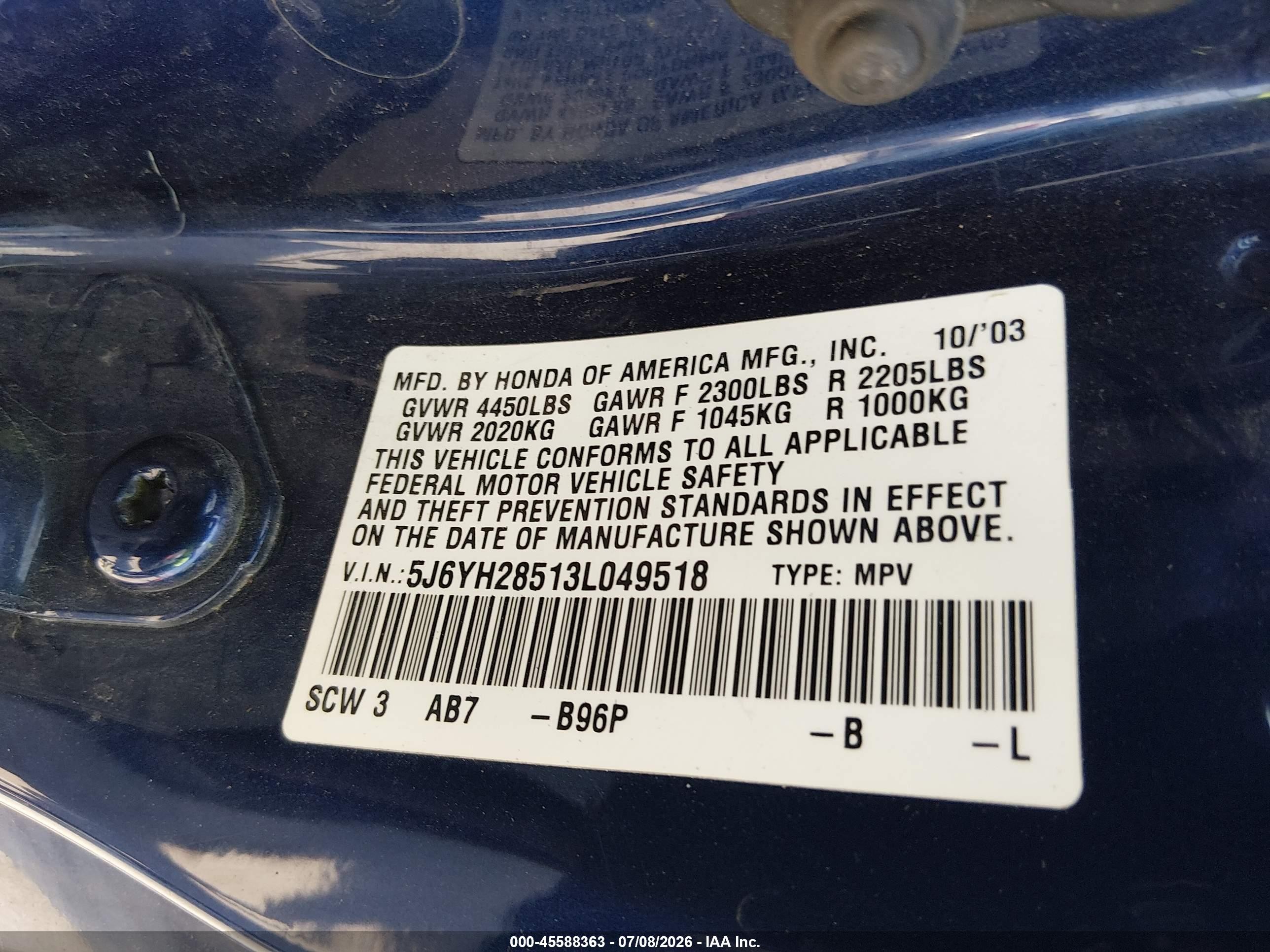 2003 Honda Element Ex Синий vin: 5J6YH28513L049518
