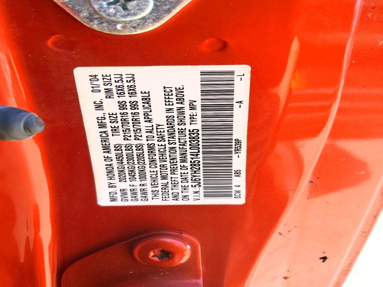 2004 Honda Element Ex Orange vin: 5J6YH28514L003835