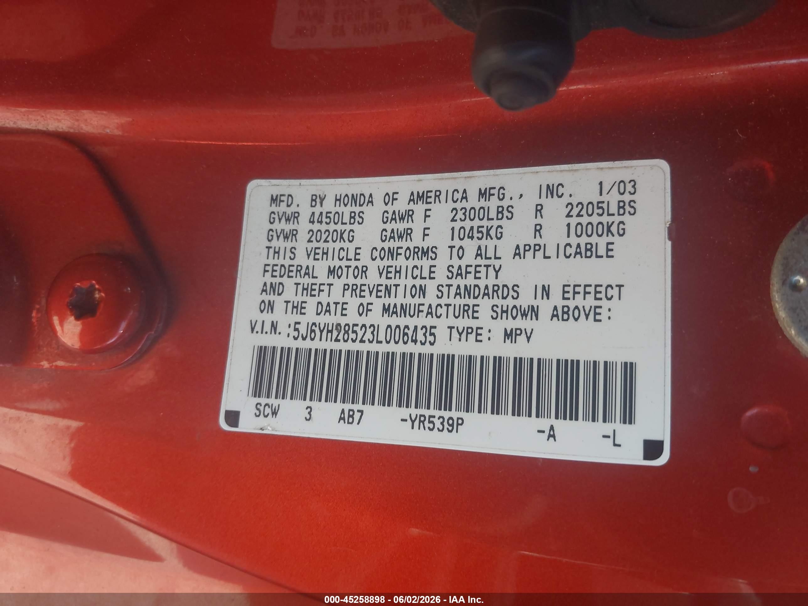 2003 Honda Element Ex Оранжевый vin: 5J6YH28523L006435