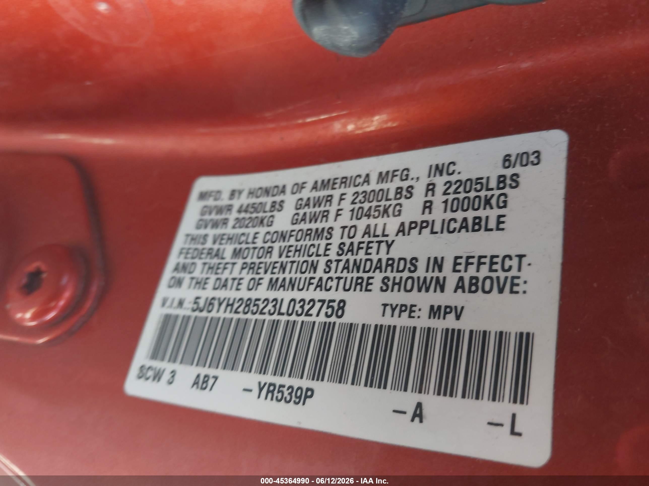 2003 Honda Element Ex Orange vin: 5J6YH28523L032758