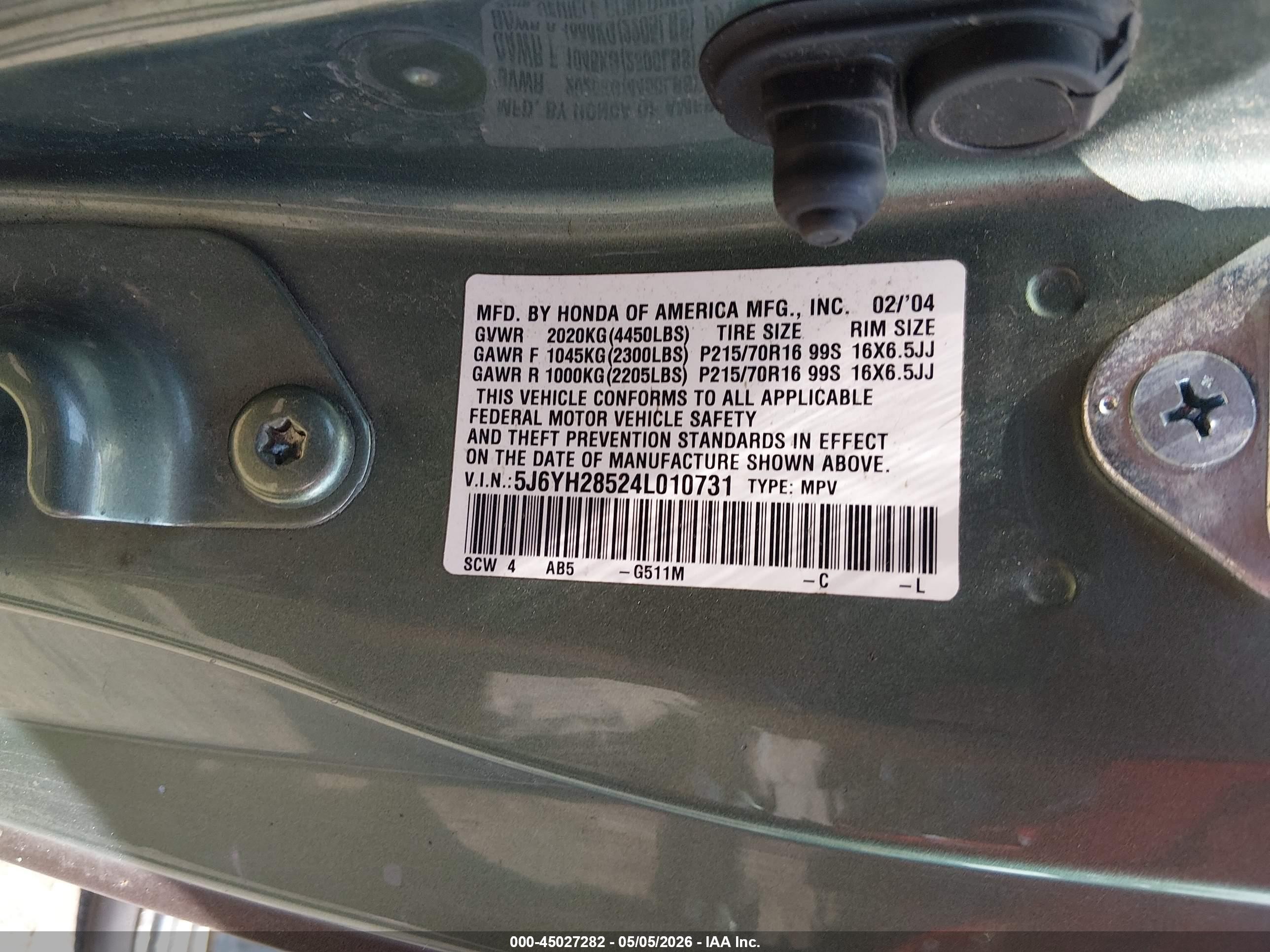 2004 Honda Element Ex Бордовый vin: 5J6YH28524L010731