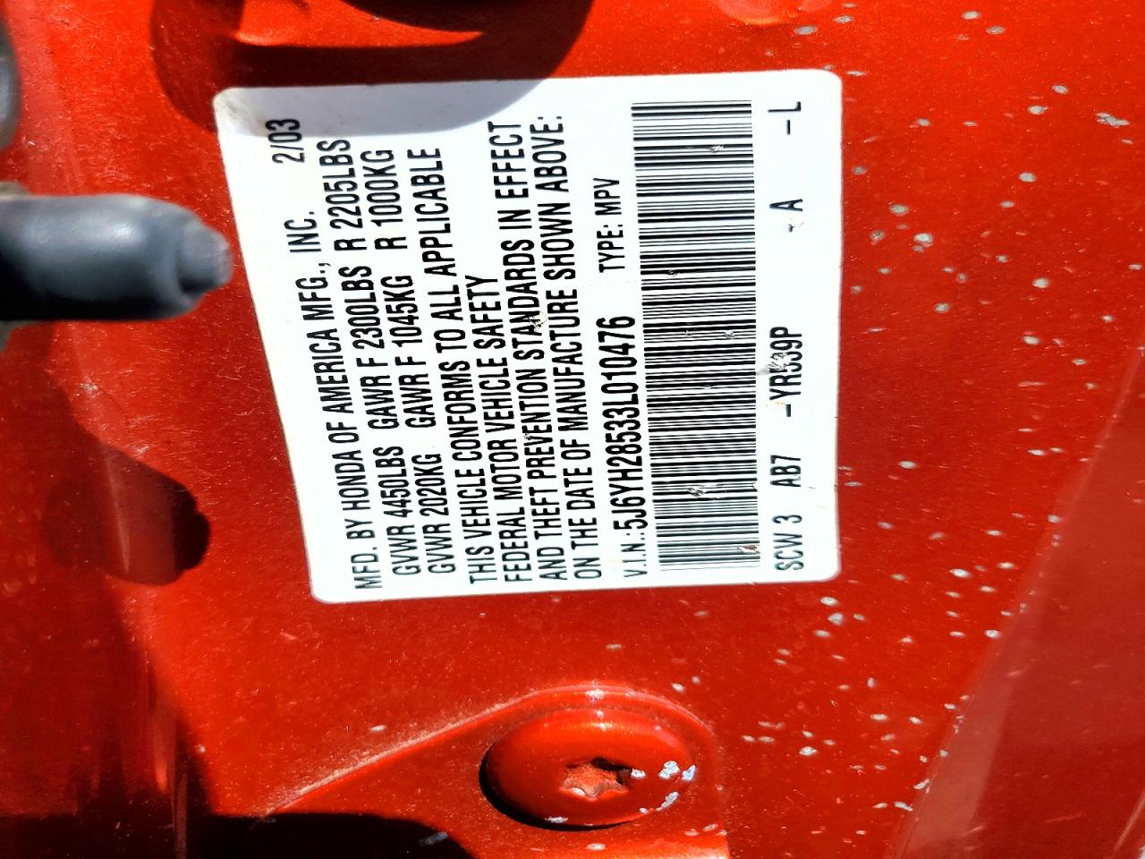 2003 Honda Element Ex Orange vin: 5J6YH28533L010476