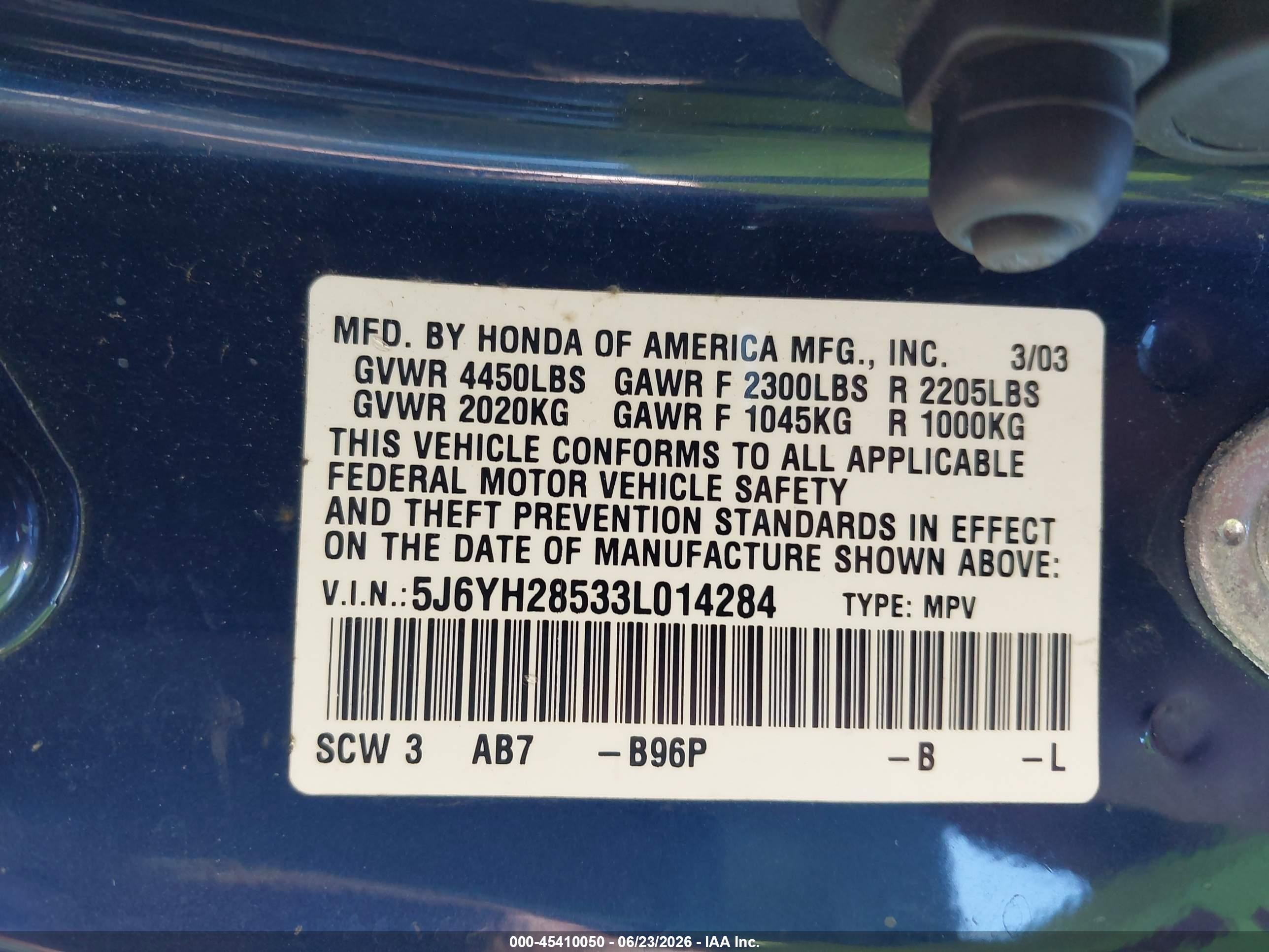 2003 Honda Element Ex Blue vin: 5J6YH28533L014284