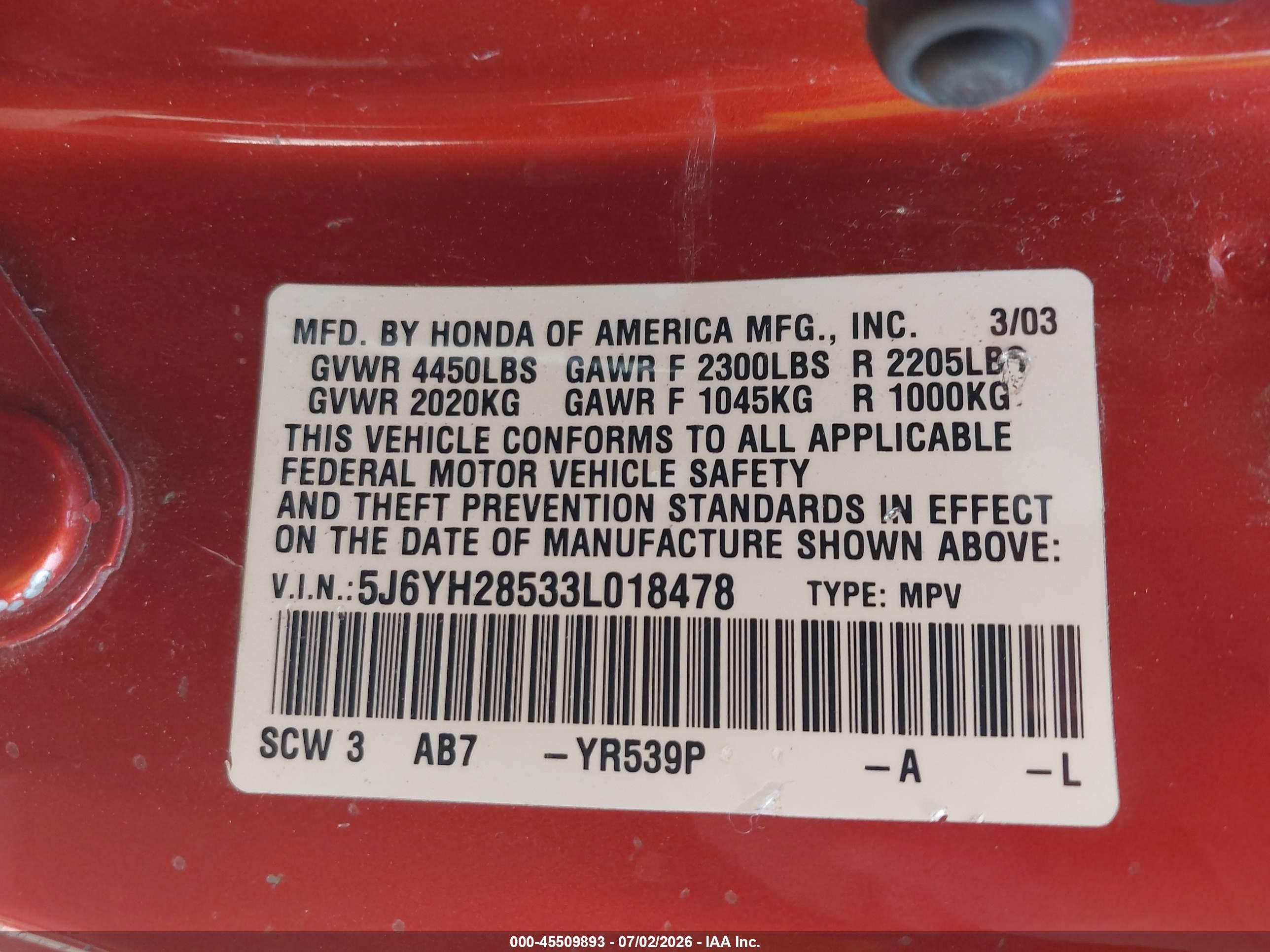 2003 Honda Element Ex Orange vin: 5J6YH28533L018478