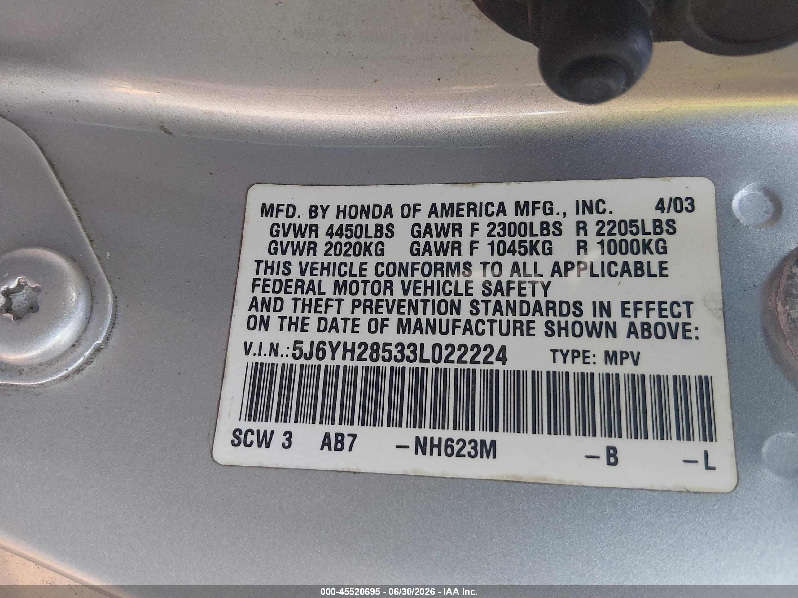 2003 Honda Element Ex Gray vin: 5J6YH28533L022224