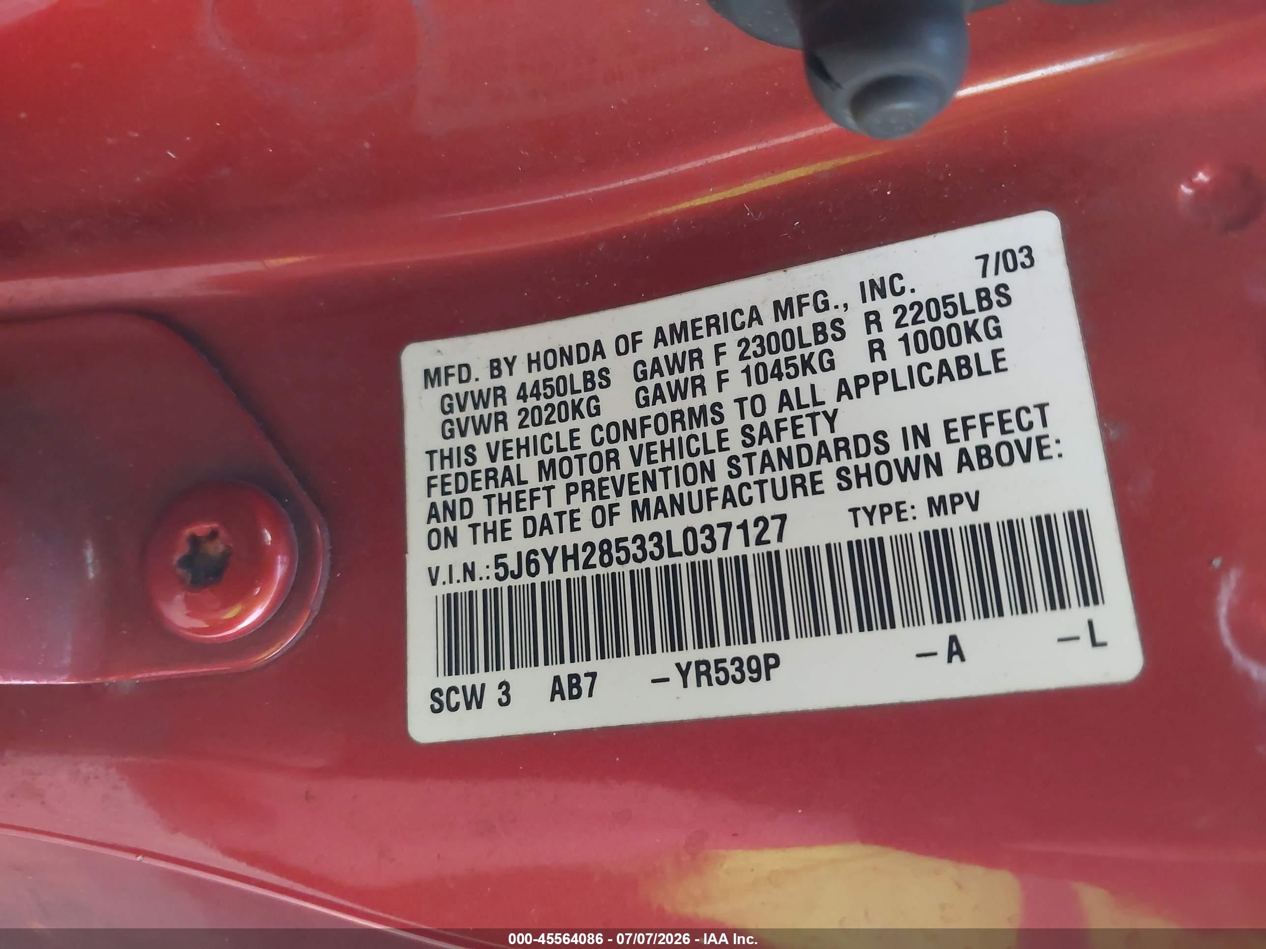 2003 Honda Element Ex Orange vin: 5J6YH28533L037127